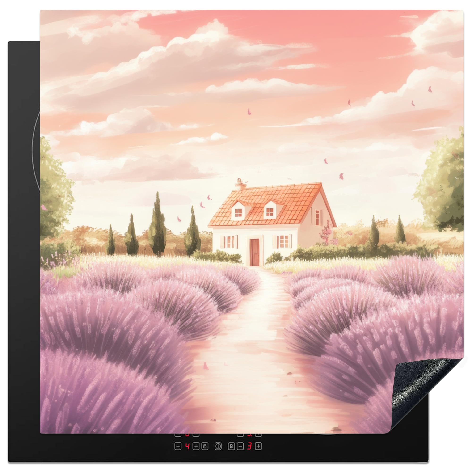 KitchenYeah© Induction Hob Protector Mat 30.7"x30.7" / 78x78 cm Stove Cap Top Cover Kitchen Cooker Covers for Electric Hobs Vinyl Lavender Field - House - Purple