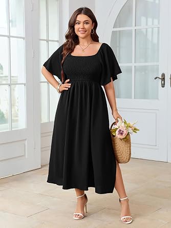 SHESTARR Women's Plus Size Dress Short Sleeve Square Neck Smocked Side Split Flowy A Line Long Maxi Dress