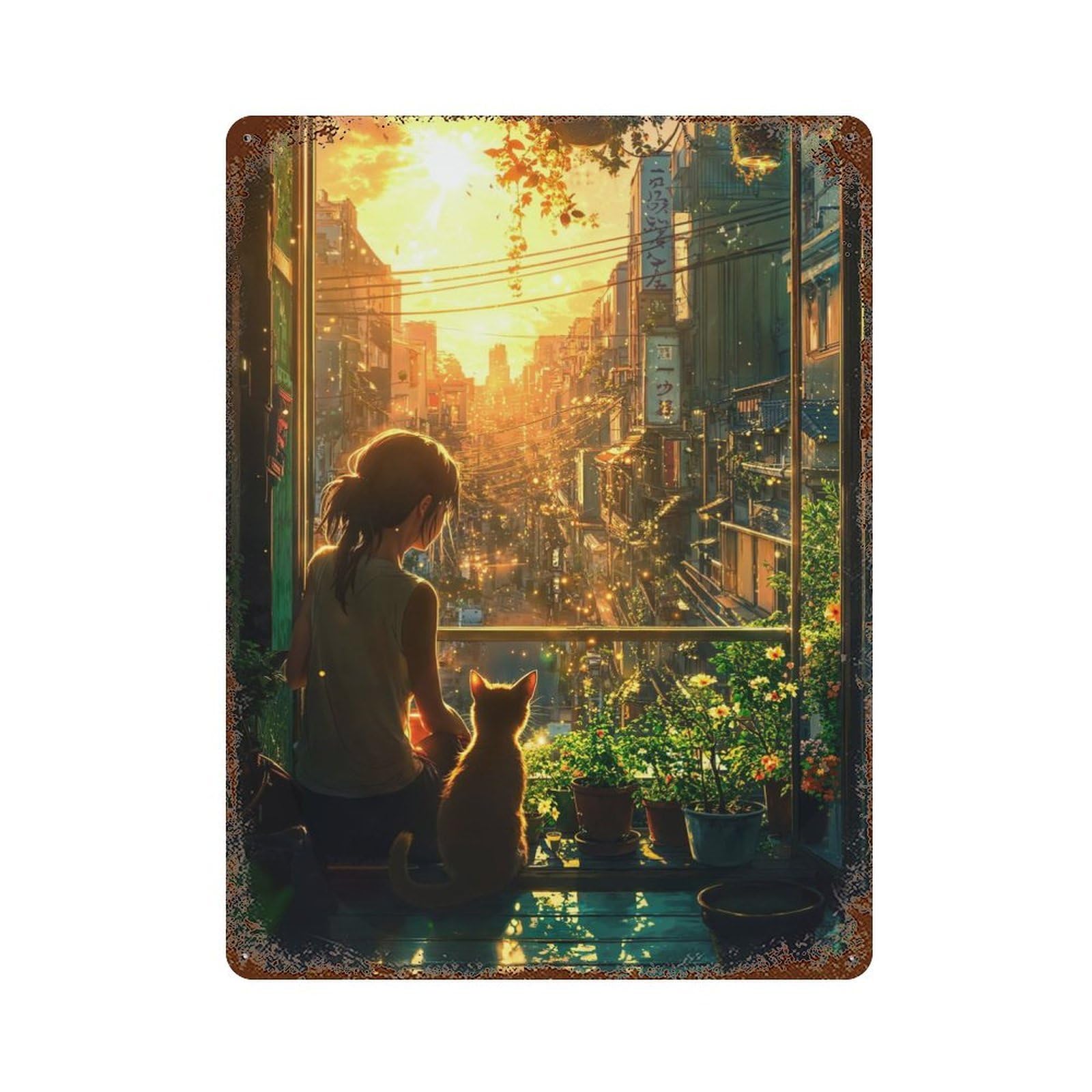 Japan Cityscape with Cat Rust Effect Tin Sign 15.7"x11.8", Ideal for Garage, Bar And Workshop Decor