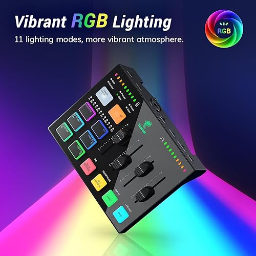 Miniatura 7 de TONOR Conjunto de interfaz de audio y micrófono, paquete de equipos de podcast, mezclador de audio USB con RGB, micrófono dinámico XLR con calidad