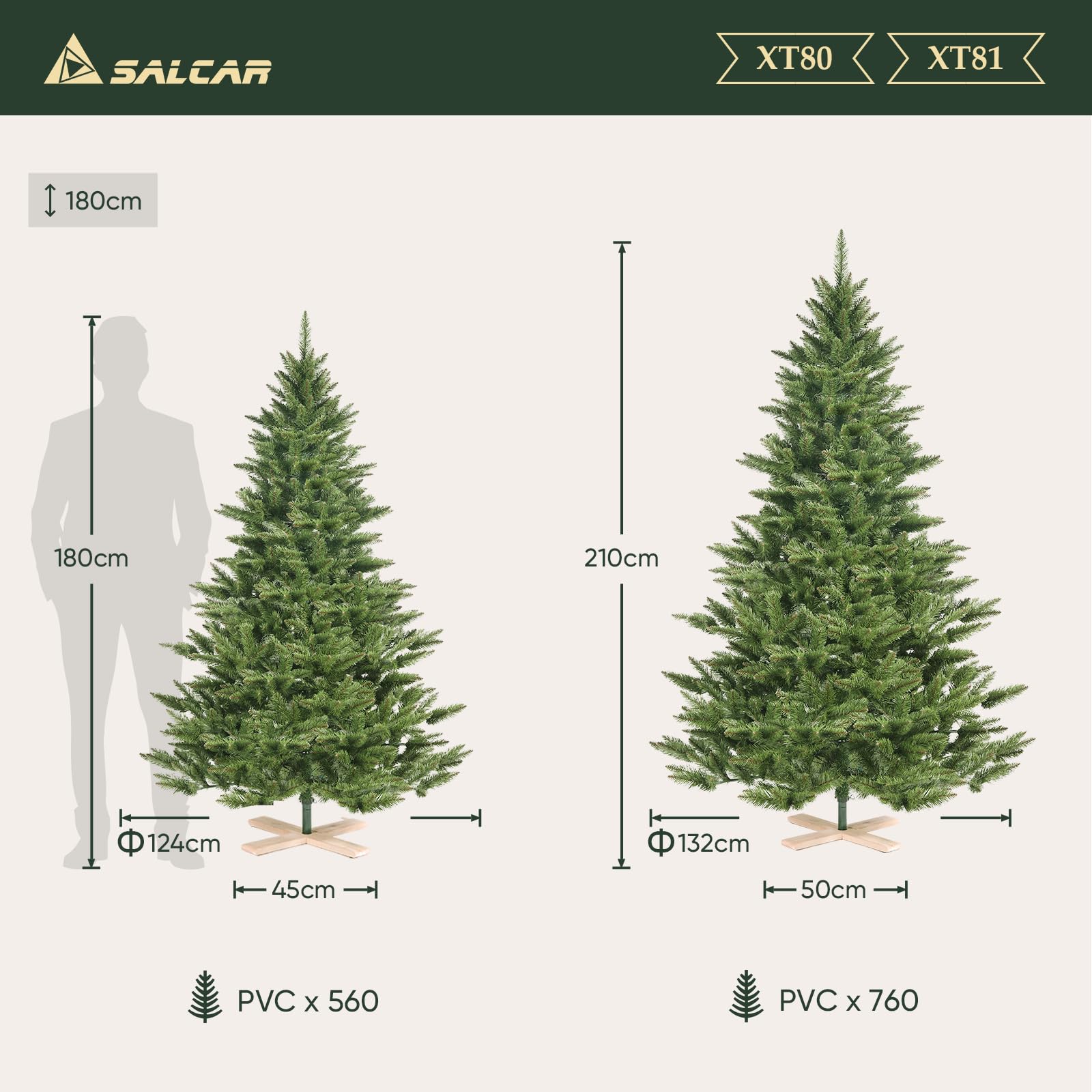 SALCAR Künstlicher Weihnachtsbaum 180 cm, Tannenbaum Künstlich mit 560 Spitzen und Klapp-Schirmsystem, Grün Tannenbaum Christbaum mit Holzständer, φ124 cm übergroßer Baumdurchmesser
