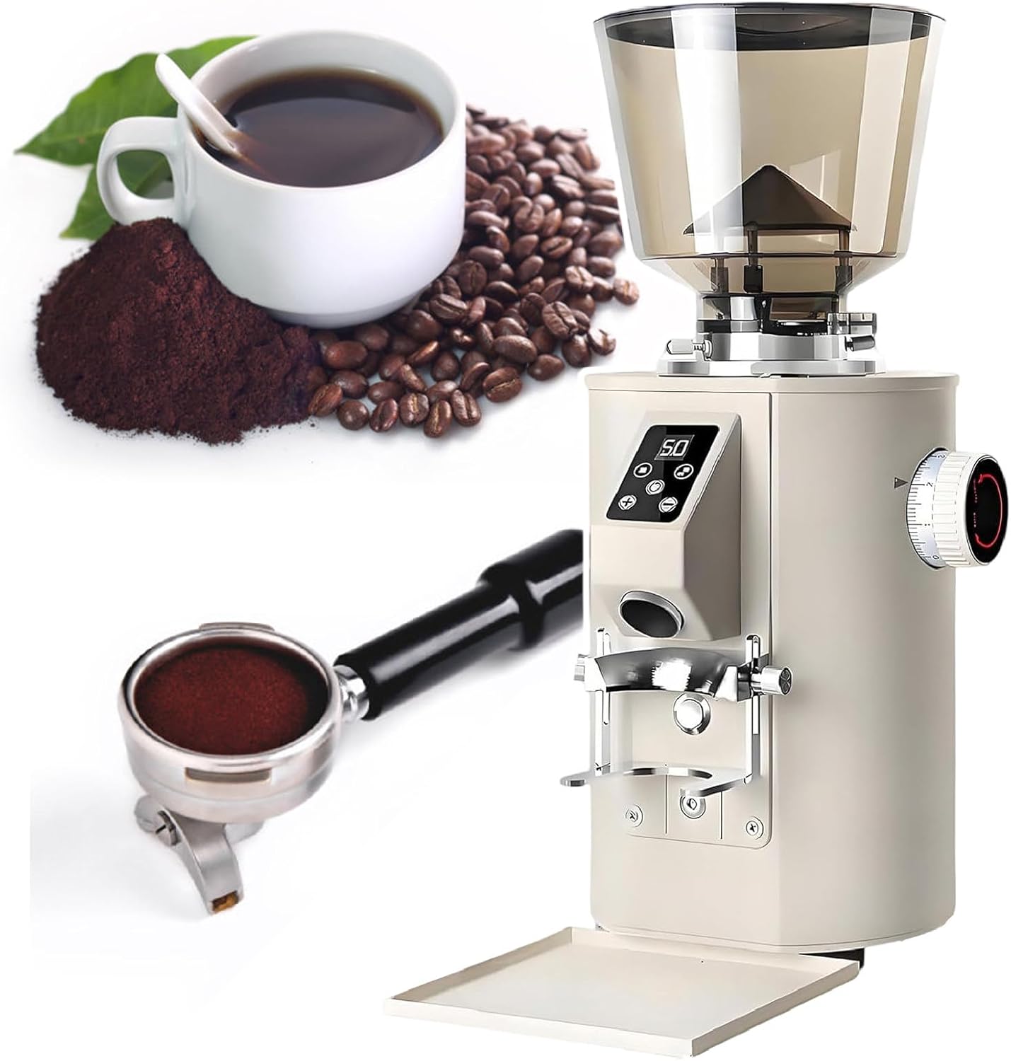 350w Commercial Coffee Grinder, Electric Flat Burr Coffee Bean Grinder with 9 Precise Settings, Press Button Control Espresso Machine Beige