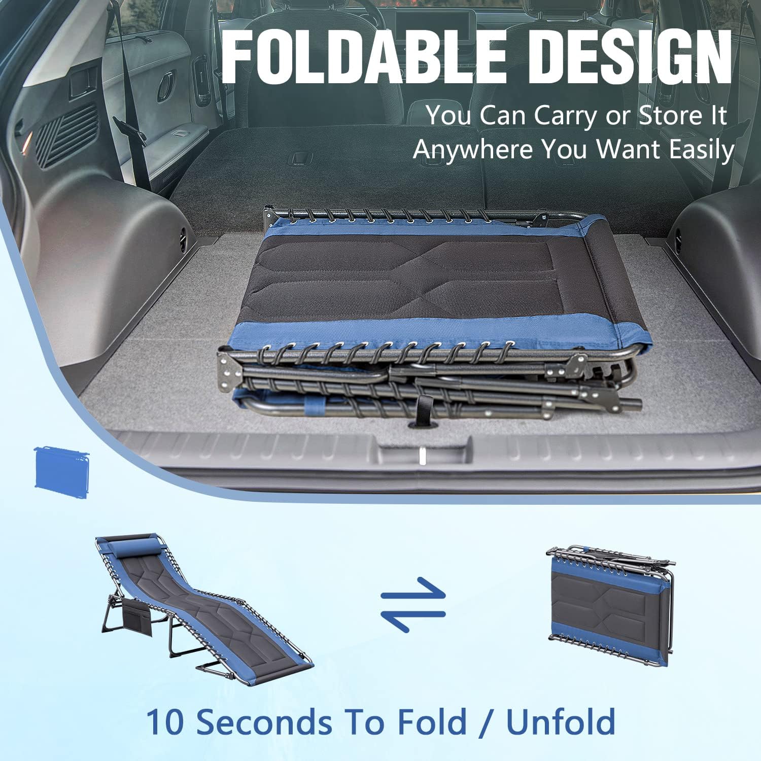 The folded chaise lounge stored in the trunk of a car, illustrating its portability.