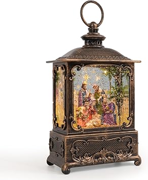 Snow Globe Lantern Christmas Table Decor with Nativity Music Lighted Scene Indoor Christmas Ornaments Decorations for Home Fireplace Mantle Nativity Lantern