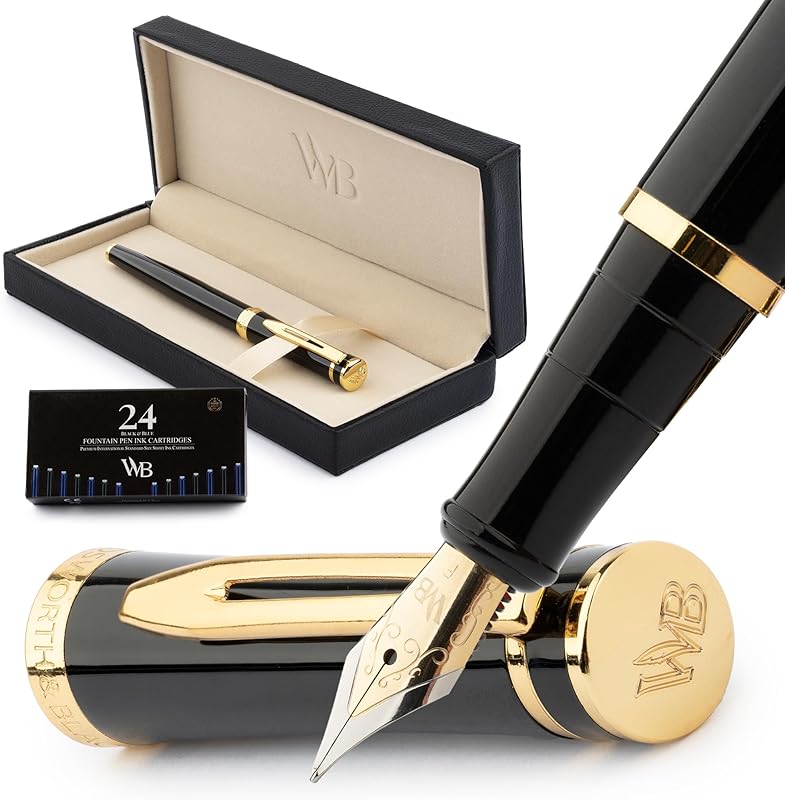 Wordsworth & Black Coffret Stylo Plume, Plume Fine Dorée 18 Carats, 24 Cartouches D'encre, Convertis