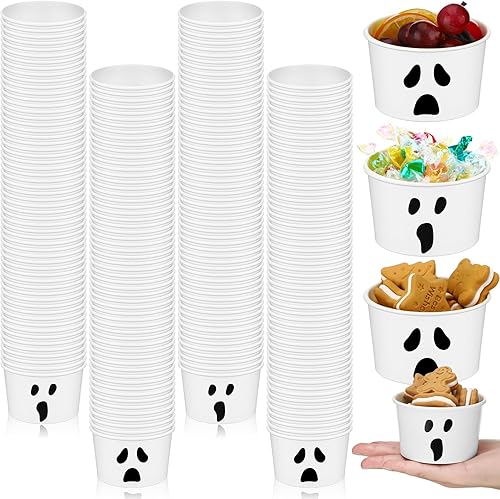 200 vasos de papel desechables de Halloween, cuencos de postre desechables con temática de fantasma, tazas de papel para aperitivos, tazas de sopa