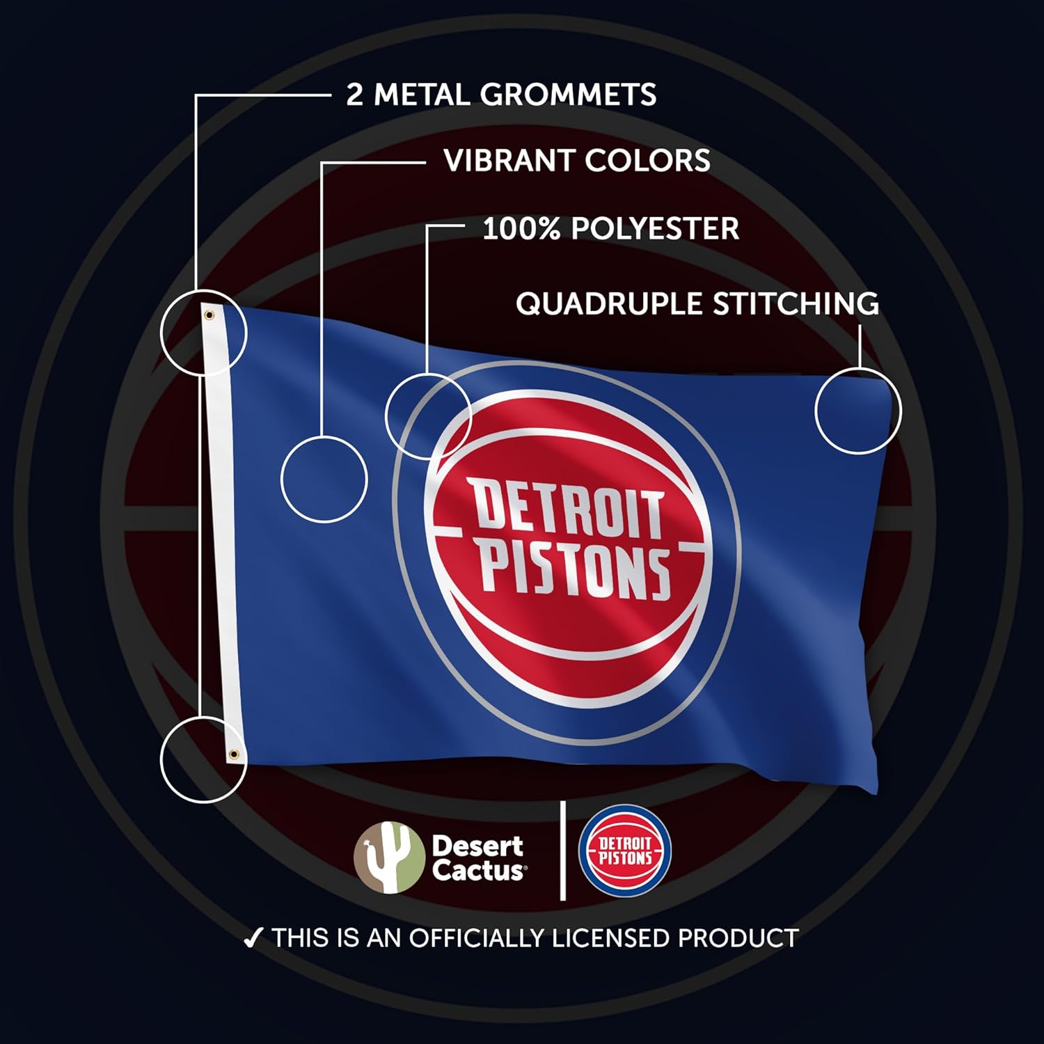 Desert Cactus Detroit Pistons Flag NBA 100% Polyester Indoor Outdoor 3x5 feet National Basketball Association Team Flags (Flag #1)
