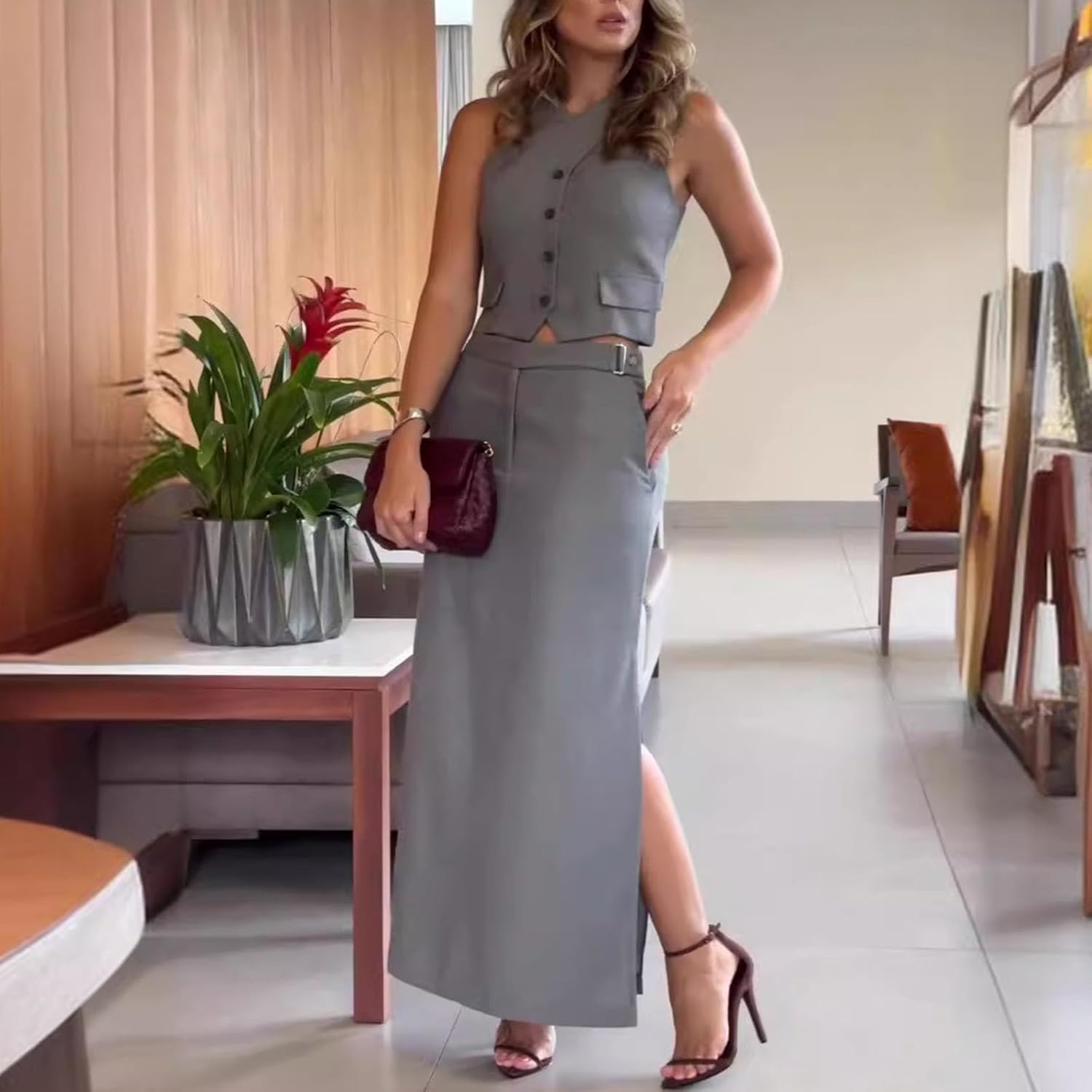 Women Two Piece Outfits Suits Summer Button Blazer Vest and High Waisted Slit Skirt Solid Color Work Matching Sets