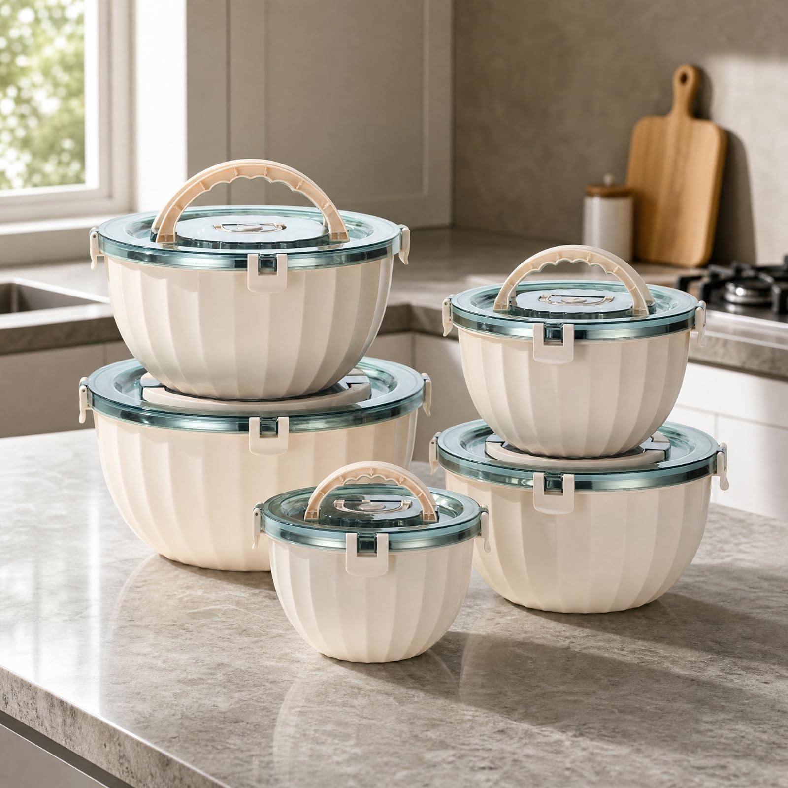 Contenitore Termico per Alimenti in Acciaio Inox con Coperchio Trasparente E Maniglia Incorporata per Pranzo al Lavoro Ufficio E Picnic da 5 Litri, Beige