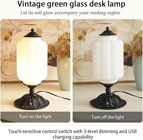 Miniatura 2 de Lámpara táctil vintage de vidrio de leche, elegante lámpara de escritorio de cristal blanco regulable de 3 vías con puertos de carga USB C +A,