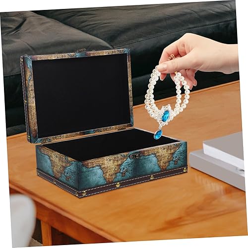 Miniatura 6 de Caja de almacenamiento de madera de estilo antiguo con diseño de mapa, organizador de recuerdos vintage para joyas, baratijas y documentos, baúl