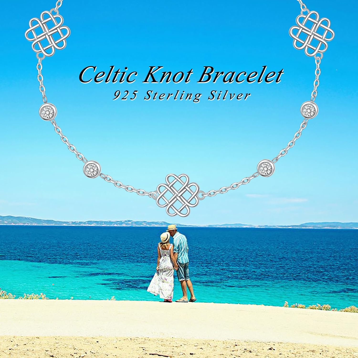 925 Sterling Silver Celtic Knot/Handcuffs/Elephant Turquoise/Hamsa Hand/Wave/Moonstone Sun and Moon Bracelet with Cubic Zirconia Graduation Birthday Valentine's Day Gift for Women Sisters Best Friend - Image 6