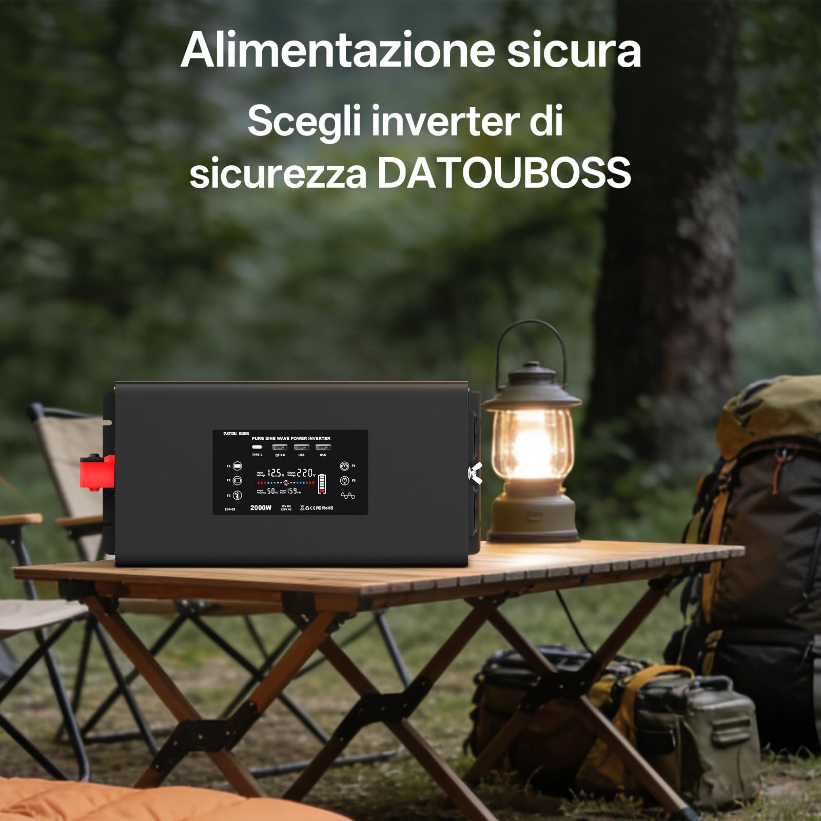 DATOUBOSS Inverter 12V 220V/230V Onda Pura 2000W Convertitore con Telecomando 2 Prese EU USB QC3.0 Type-C Display LCD
