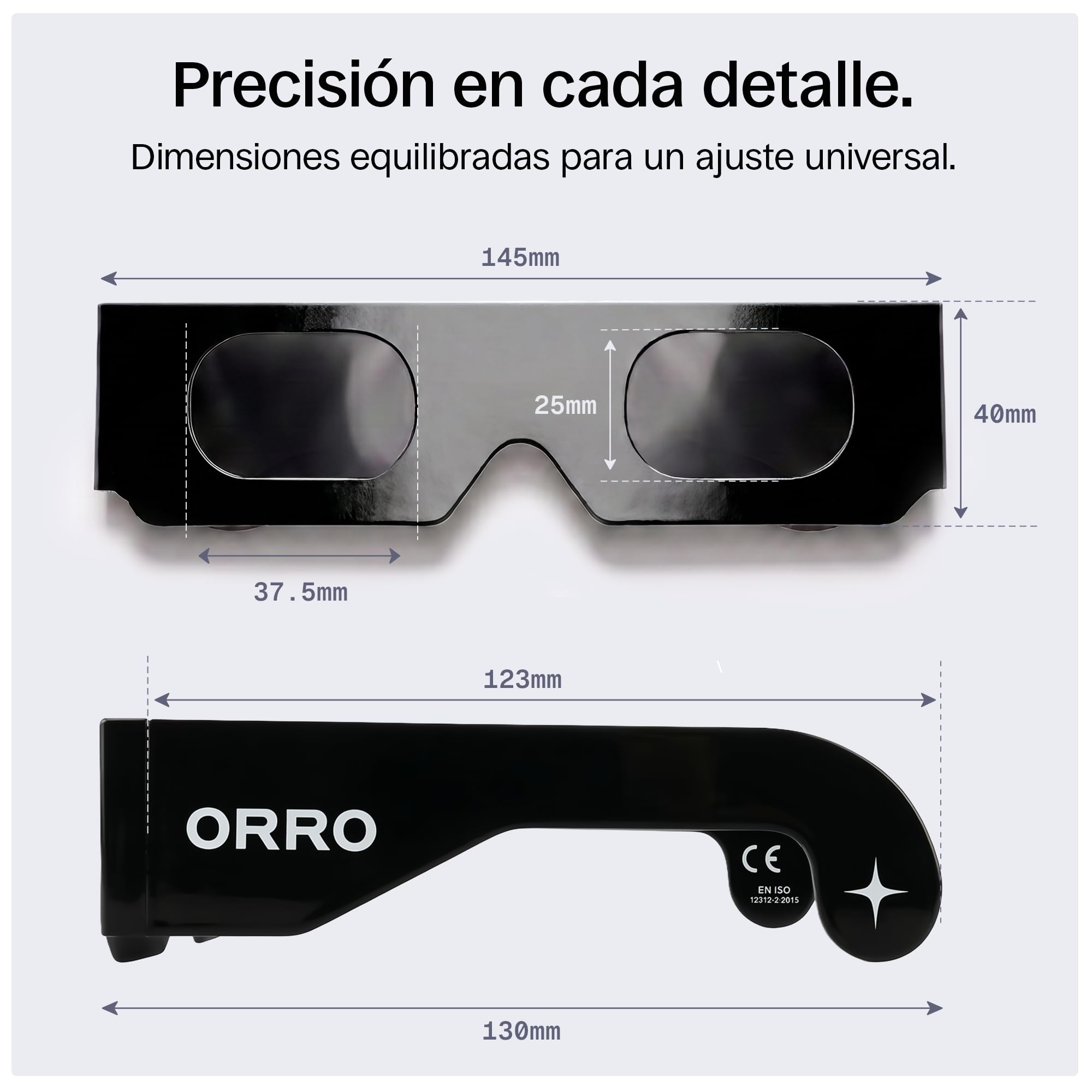 ORRO Gafas para Eclipse Solar de 40 mm, Pack de 2/6/12, Protección Ocular Certificada, Ensayadas según EN ISO 12312-2:2015, Marcado CE para Observación Directa del Sol - Ajuste Moderno