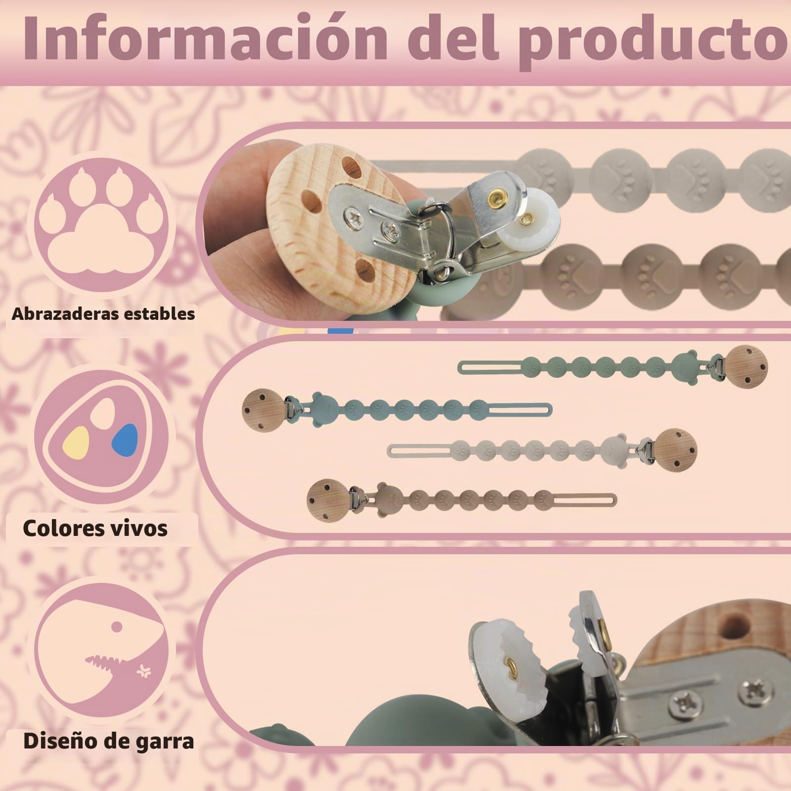 Juego de 4 cadenas para chupete para niña y niño, fácil de limpiar, cadenas para chupete y mordedor, diseño 2 en 1, cadena para chupete de madera, portabilidad, ayuda dental para bebés