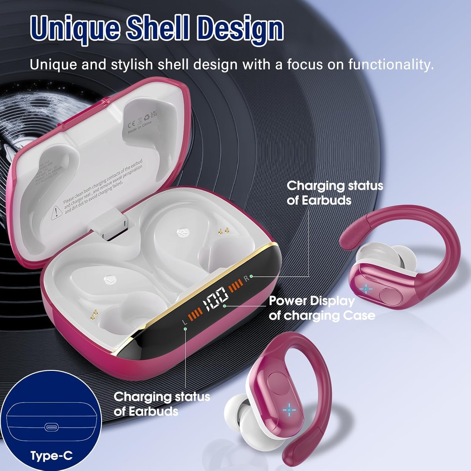 Wireless Earbuds Bluetooth 5.4 Headphones 75H Stereo Deep Bass Sports Over Ear Buds with Earhooks, LED Display Bluetooth Earbuds with 4 ENC Mic, IP7 Waterproof Earphone for Running, Rose Gold