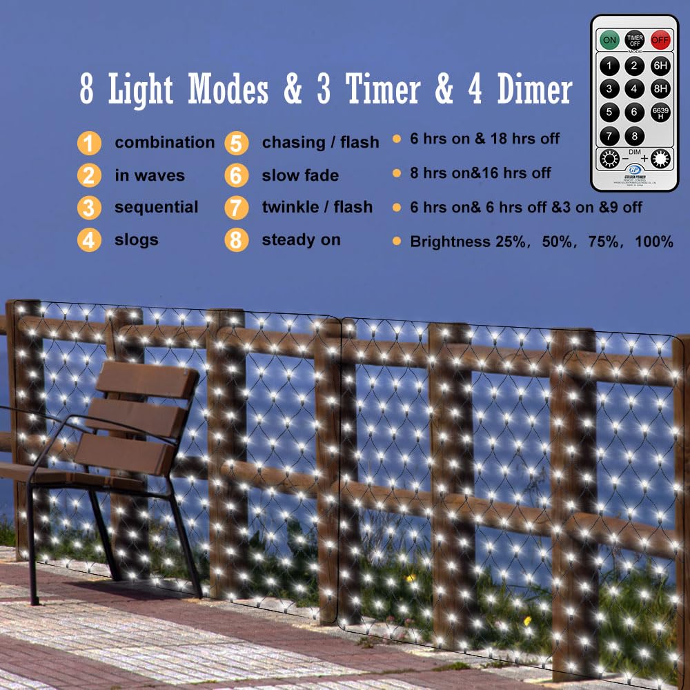 Filet Lumineuse Nettes Extérieure - Avec prise - 6 x 2 m - 300 LED - Étanche - 8 Modes Dimmable - Avec télécommande et minuterie - Décoration Extérieur Mariage Noël Fêteardin Patio Clôture- Blanc