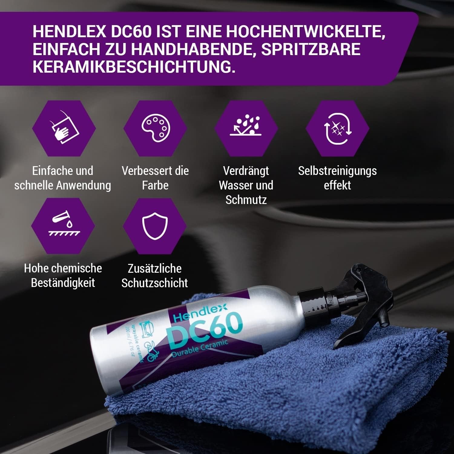 Hendlex DC60 Keramikversiegelung Spray - Hochglanz & Langanhaltender Schutz für Lack, Kunststoff & Metall - Hydrophob, UV-Beständig, Kratzresistent - 200ml