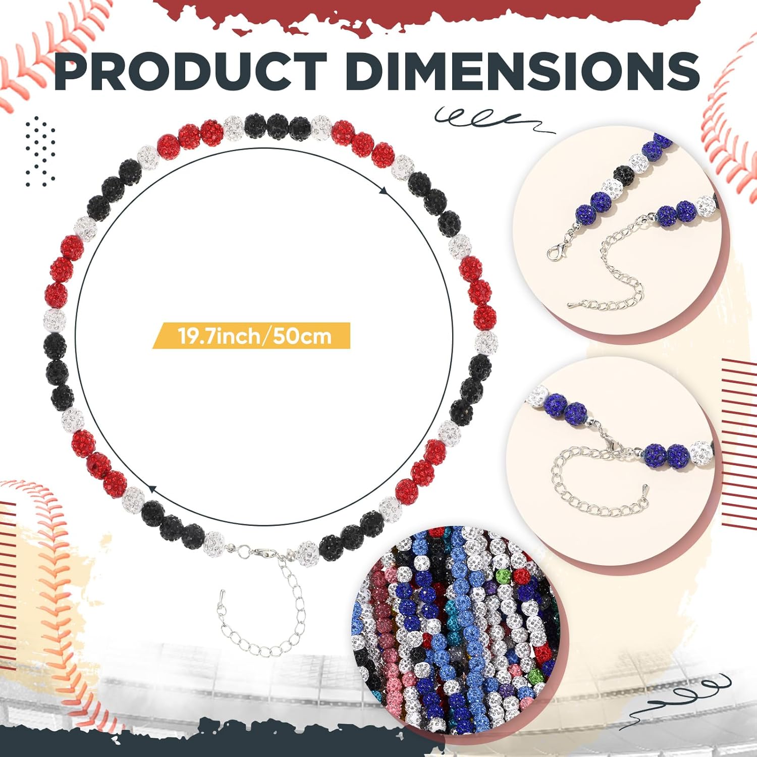 Landical 20 Pcs Bling Beaded Baseball Necklace for Men Women Baseballer Ice Inspired Rhinestone Discoball Necklaces Unisex Cool Gifts for Baseball Players Lovers