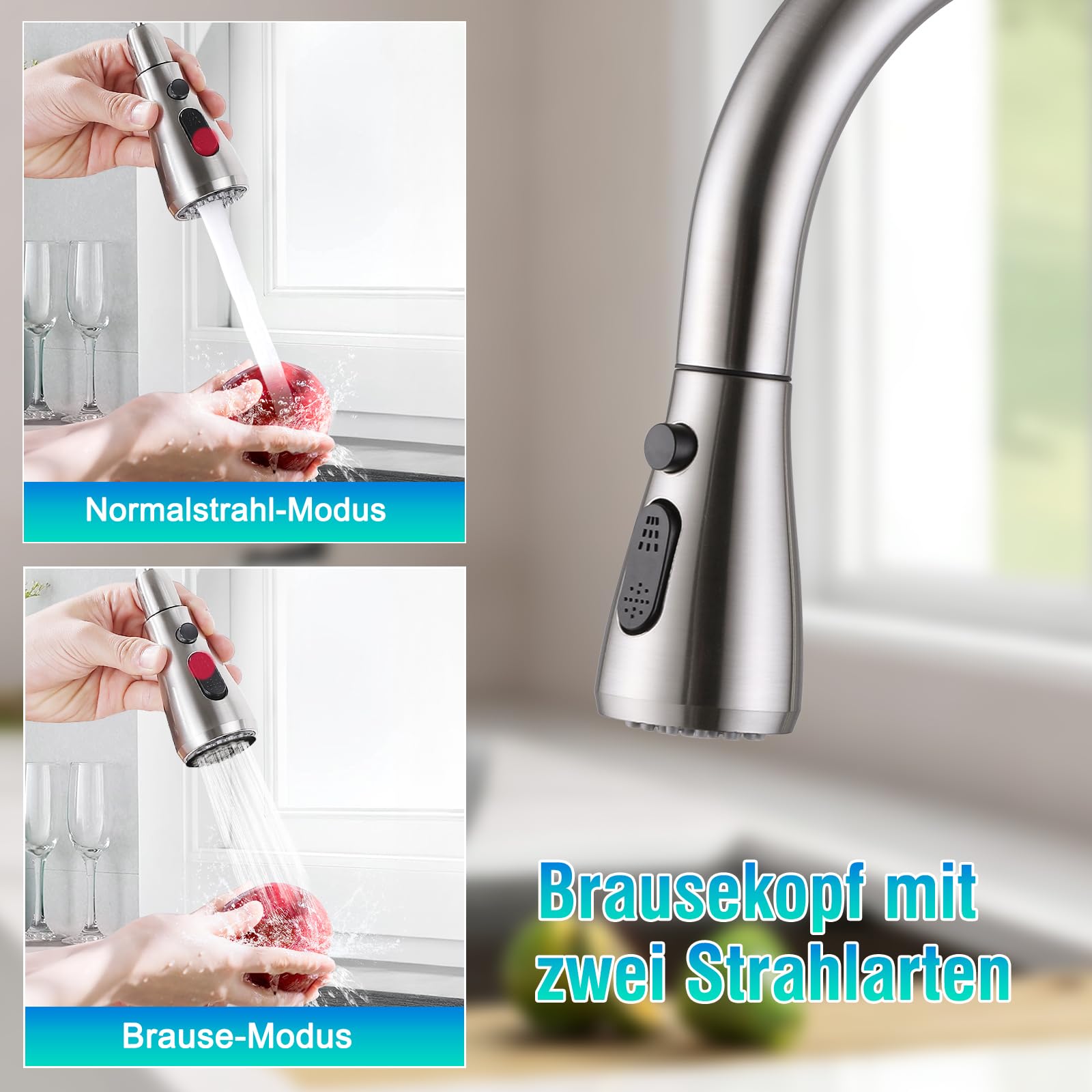 Wasserhahn Küchen, Hochdruck Küchenarmatur mit Brausekopf, 2 Wasserauslauf Modi, Wasserhahn Küche Ausziehbar, 360° Drehbar, 304 Gebürstete Edelstahl Spültischarmatur, Keramikkartusche
