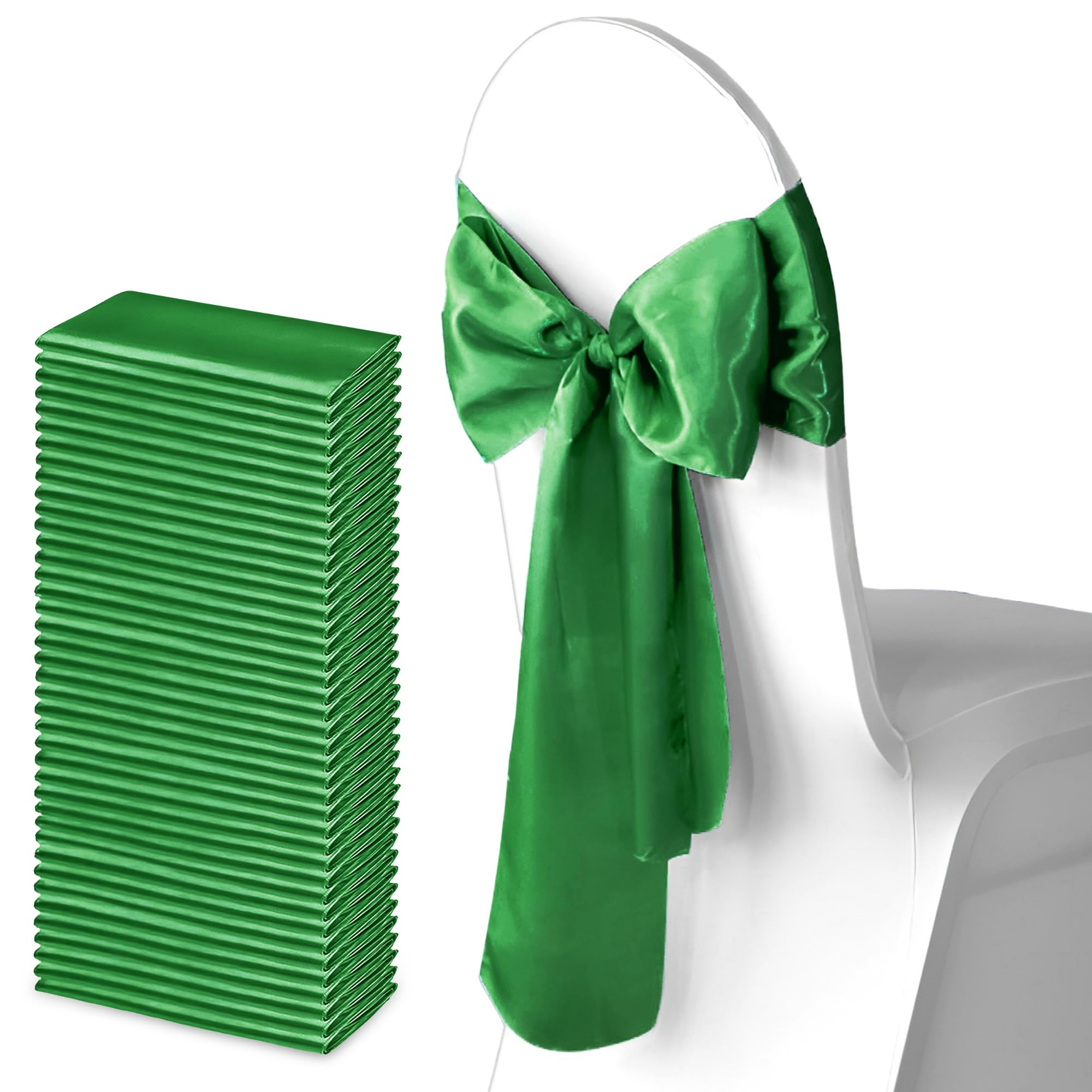 Trimming Shop Green Satin Chair Sash Wider Fuller Bows Chair Sashes Hammed Edges Bow Back Tie for Wedding Birthday Party Banquet Event Decoration, 50pcs