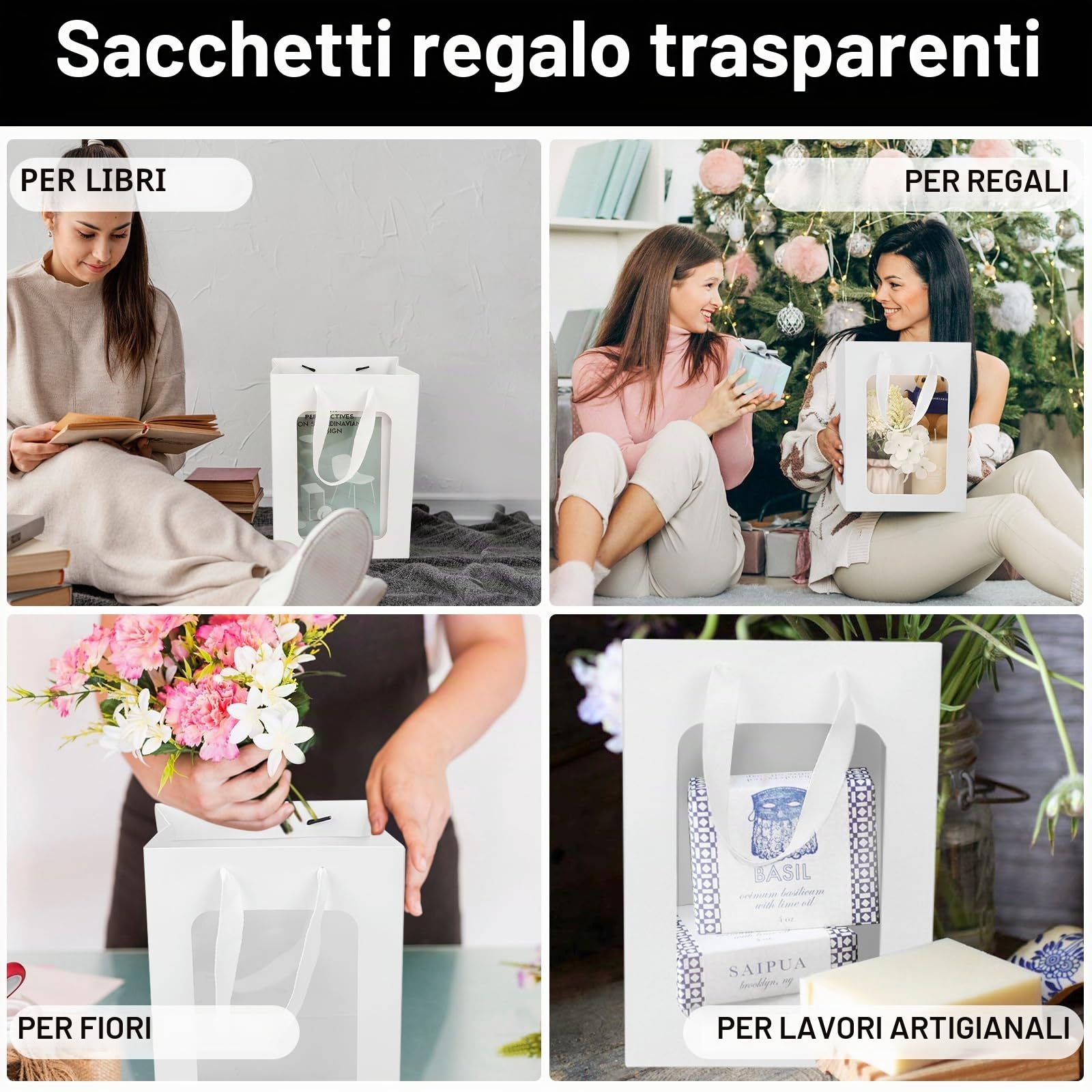 EUSOAR Sacchetti Regalo Bianco - 50 Pack Sacchetti di Carta con Finestra - 20x16x30cm Buste Carta con Manico - 230GSM Busta Regalo Compleanno - Sacchetti Trasparenti Festa Shopper