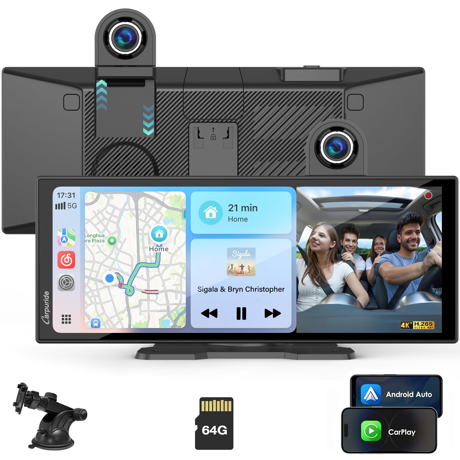 Carpuride Wireless Carplay &amp; Android Auto Screen for Car with 4K Front Cam