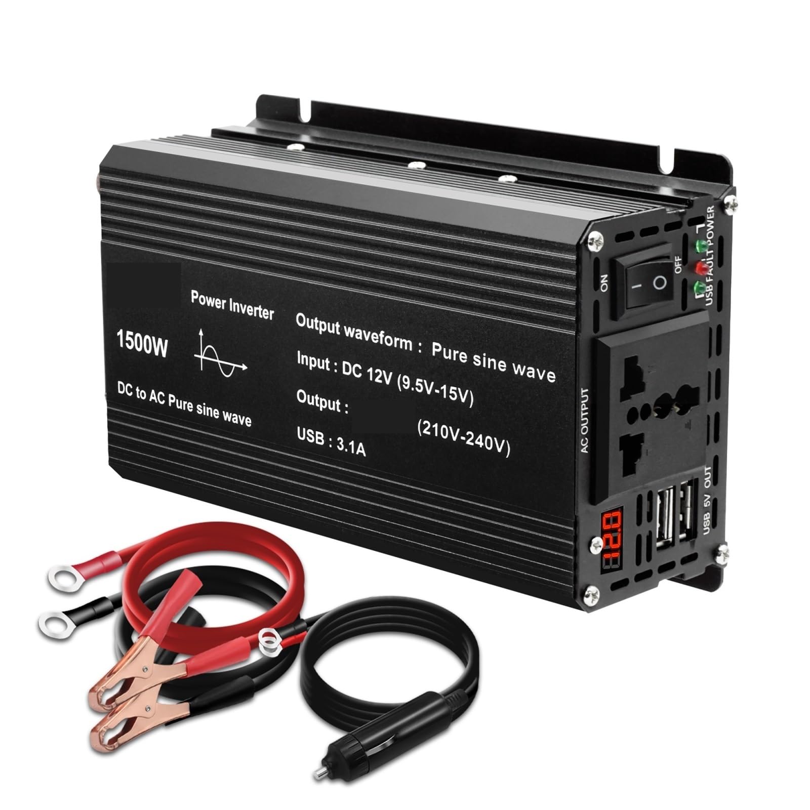 DC 12V A AC Inverter A Onda Sinusoidale Pura 1000W/1500W/2200W/2600W/3000W LED Voltmetro Convertitore Trasformatore Universale Efficiente più Sicuro(2600W,12V 60Hz)