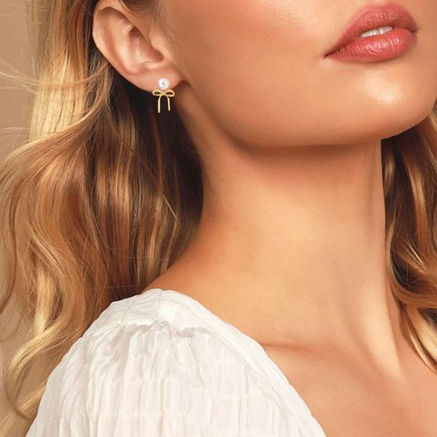 Bow Earrings for Women Pearl Bow Hoop Earrings Gold Silver Drop Dangle Earrings Trendy Bow Pearl Jewelry for Wedding Party - Image 2