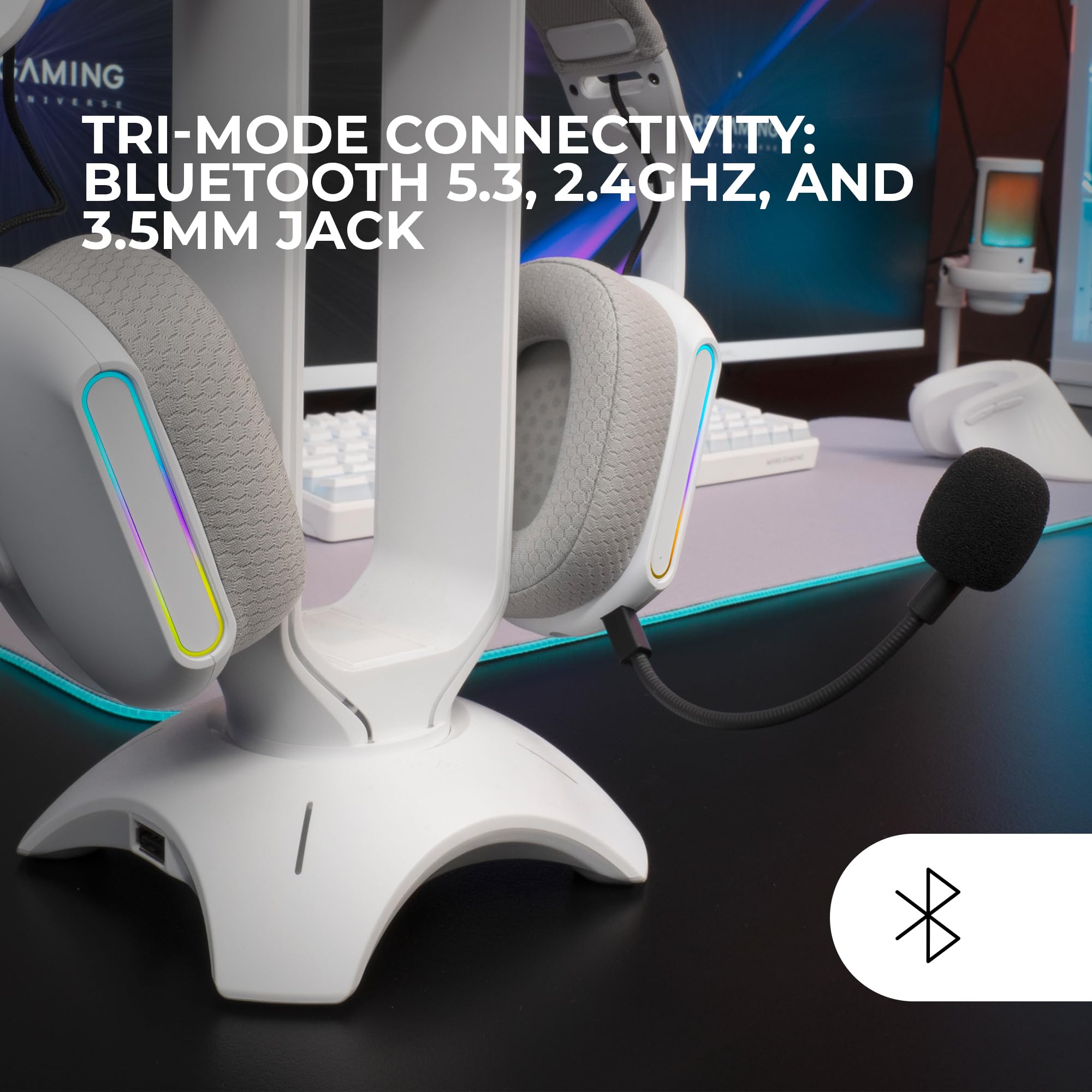Mars Gaming MHW-PRO, Bezprzewodowe Słuchawki Gamingowe ARGB Flow, Dźwięk 3D Surround 7.1, Bluetooth 5.3 + 2.4GHz + Jack 3.5mm, Ultralekki Ergonomiczny, Podwójny Mikrofon, Multiplatformowe, Białe