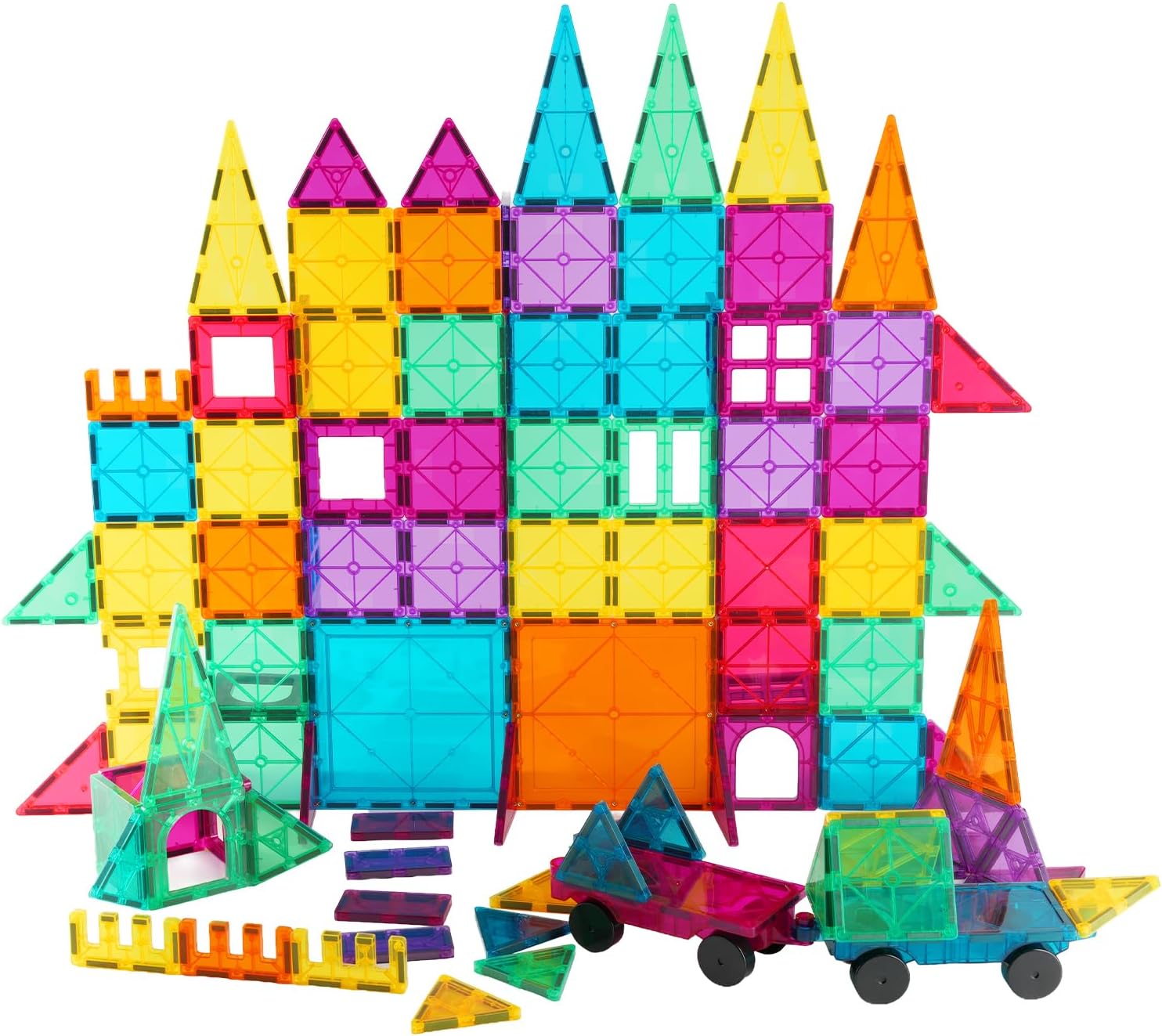 Magnetic Tiles Car Set Truck Kit Toy with Stronger Magnets, Educational Magnet Cars with Re-Enforced Hitch and Long Bed for Girls Boys Toddler Ages 3+ (110 PCS Set)