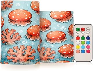 Flameless Candles with Remote and Timer Pillar Set of 2 Coral Jellyfish Bubbles Seashells Ocean Flickering Led Battery Operated Candles for Home Holiday Party Wedding (Not Include Battery),