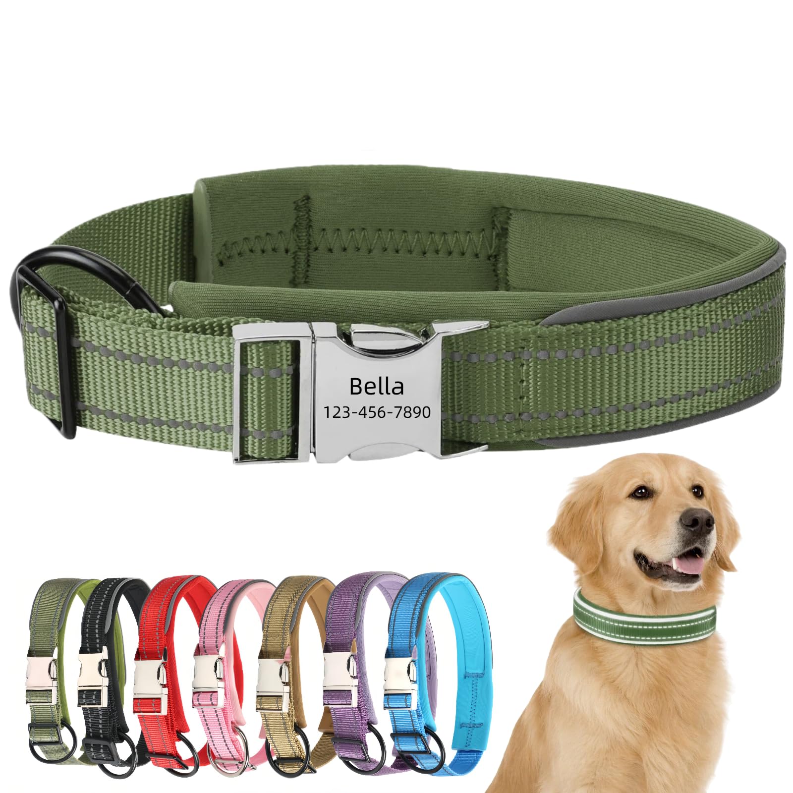 Personalised Dog Collar with Custom Engraved Name Plate Reflective Collar with Quick Release Metal Buckle Adjustable Waterproof Soft Padded Nylon for Medium Dogs (Green, M) — image 1