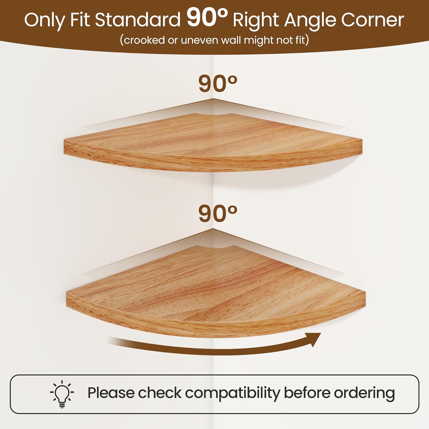 Fun Memories Corner Shelf Wall Mount Set of 2 - Solid Oak Wood Floating Corner Shelf with Cable Hole, 10in Rustic Design for Bedroom, Living Room, Kitchen (Natural)