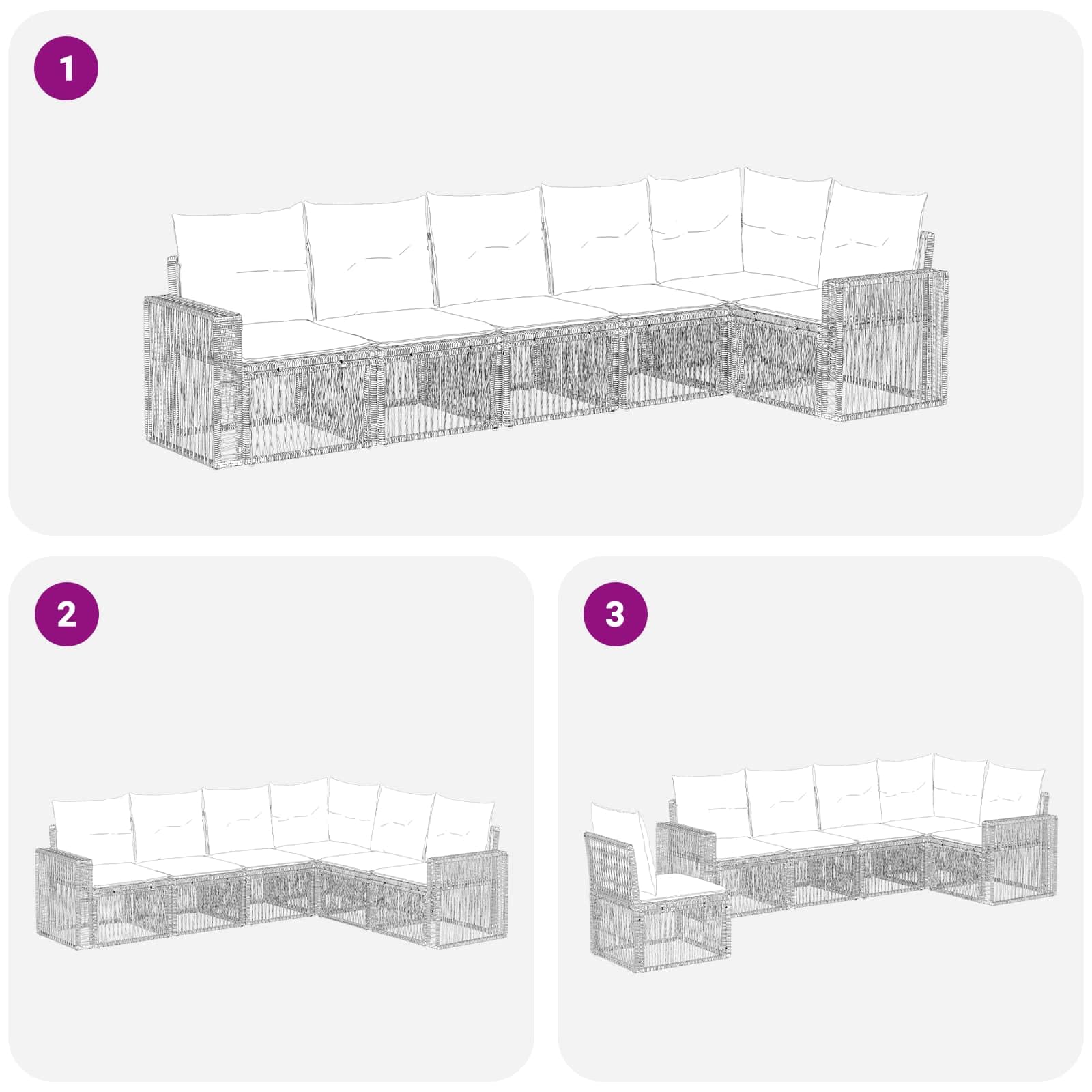 Set di 6 divani da giardino in polyrattan per giardino e terrazza, divano modulare grigio e grigio scuro con cuscino, per esterni, in rattan per 6 persone