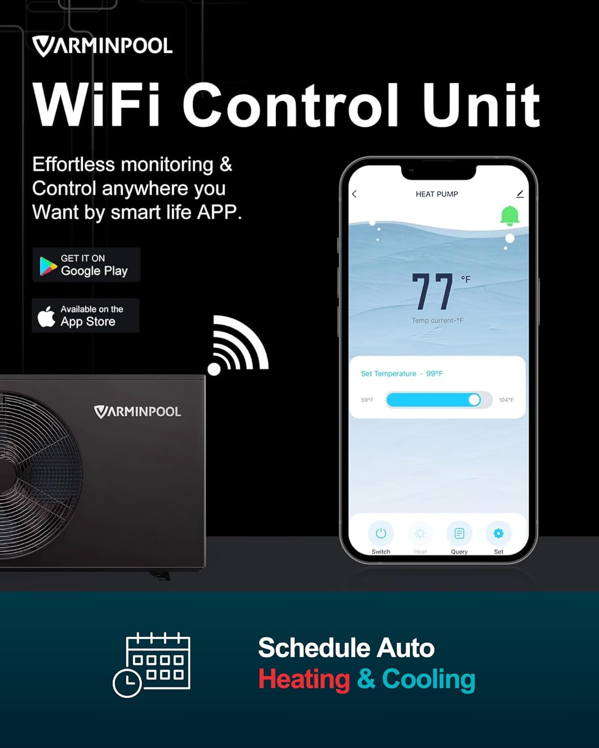 VARMINPOOL heat pump with smartphone displaying WiFi control app