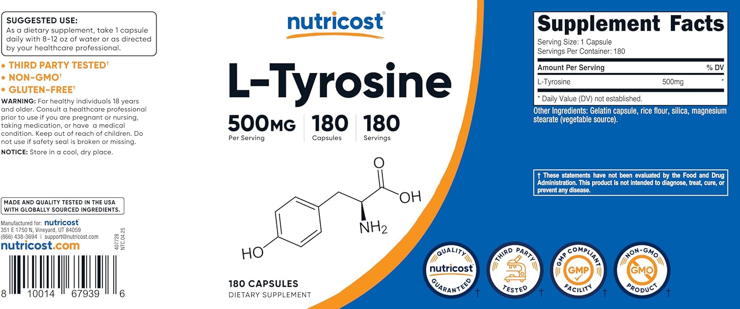 Nutricost L-Tyrosine 500mg, 180 Capsules - Gluten Free & Non-GMO - Image 8