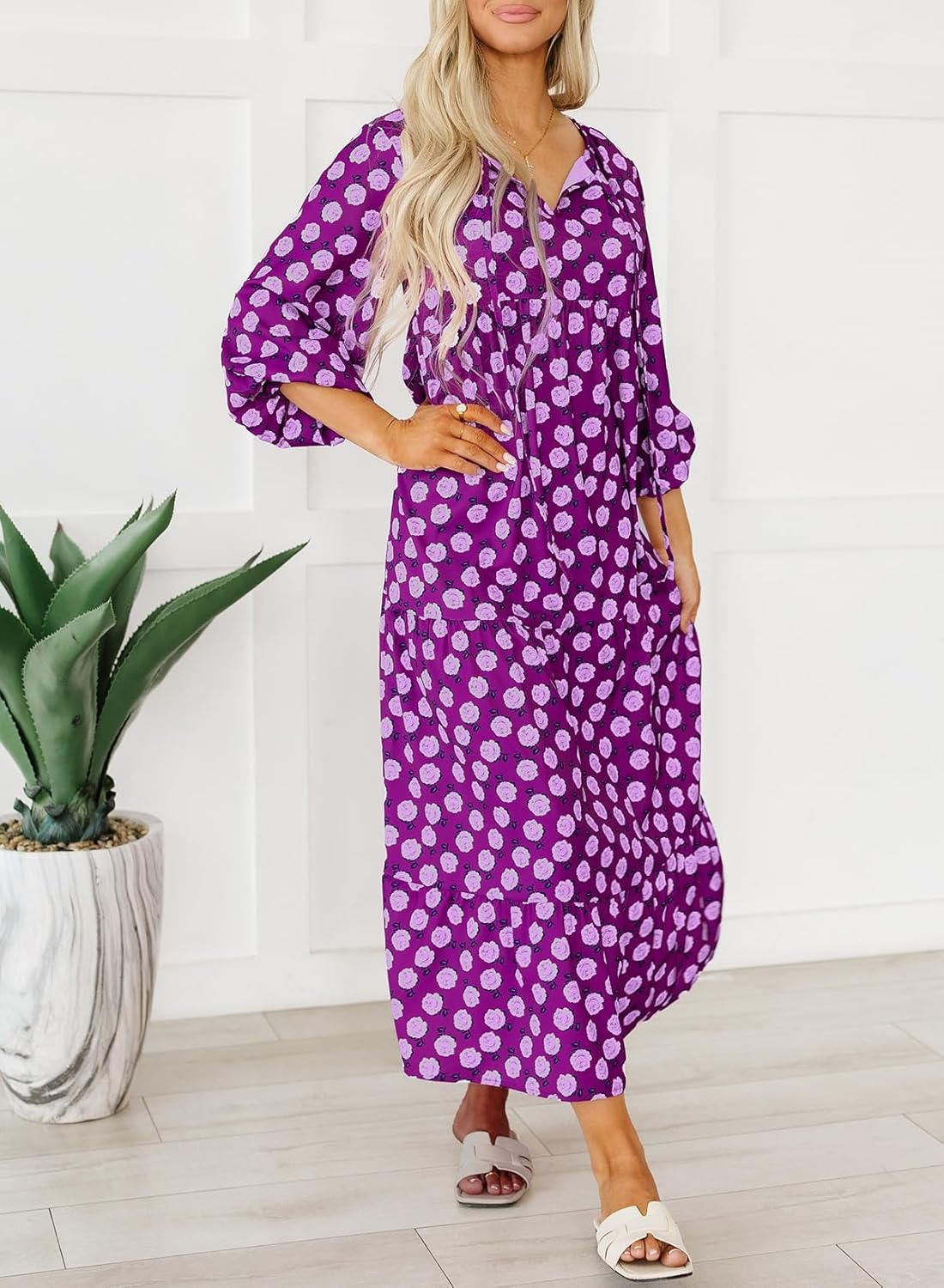 Dokotoo Women Boho Maxi Dresses 2026 V Neck Long Puff Sleeve Smocked Ruffle Flowy Casual Dress - Image 3