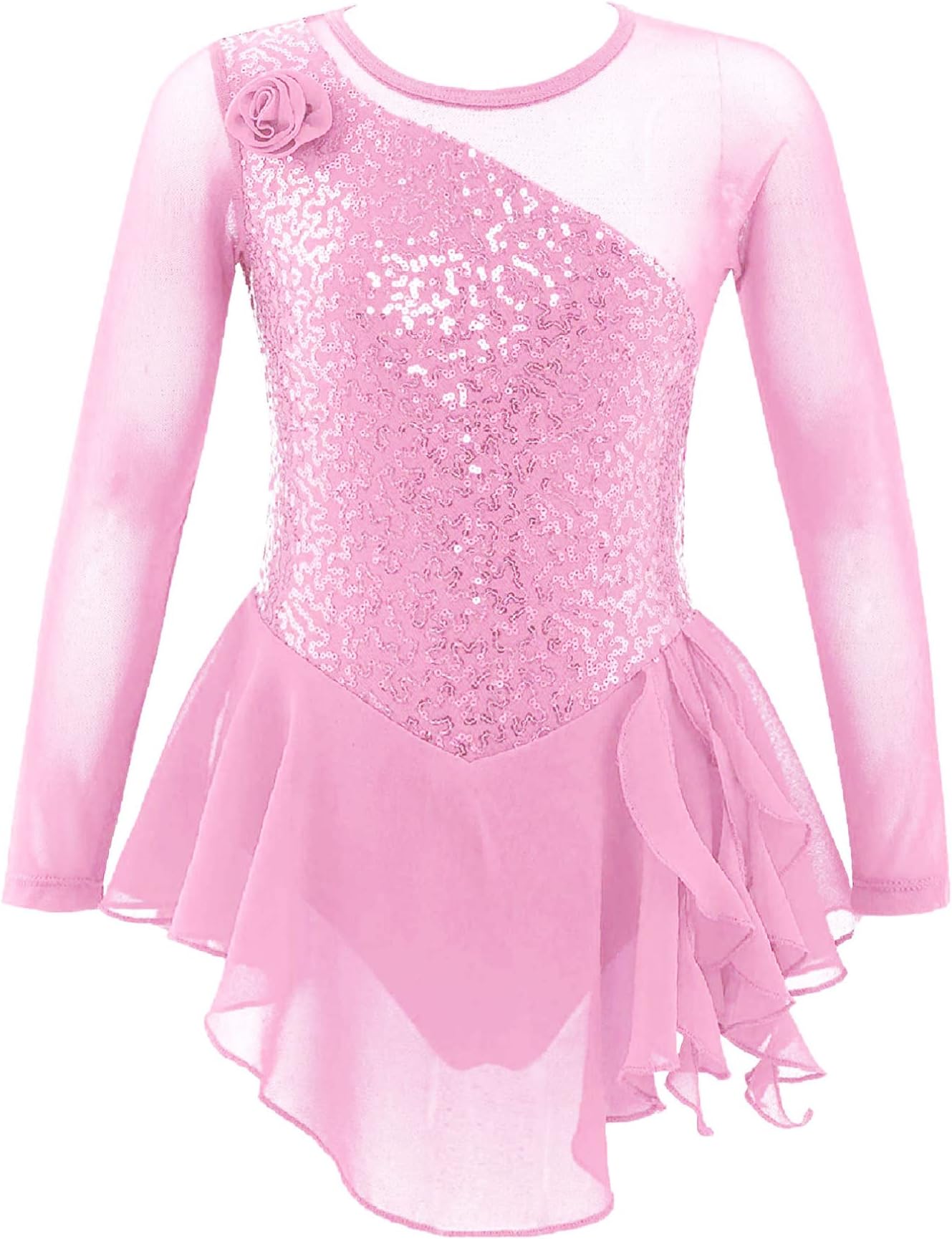 Kids Girls Shiny Mesh Spliced Figure Ice Skating Dress Athletic Ballet Dance Dress Gymnastic Leotard