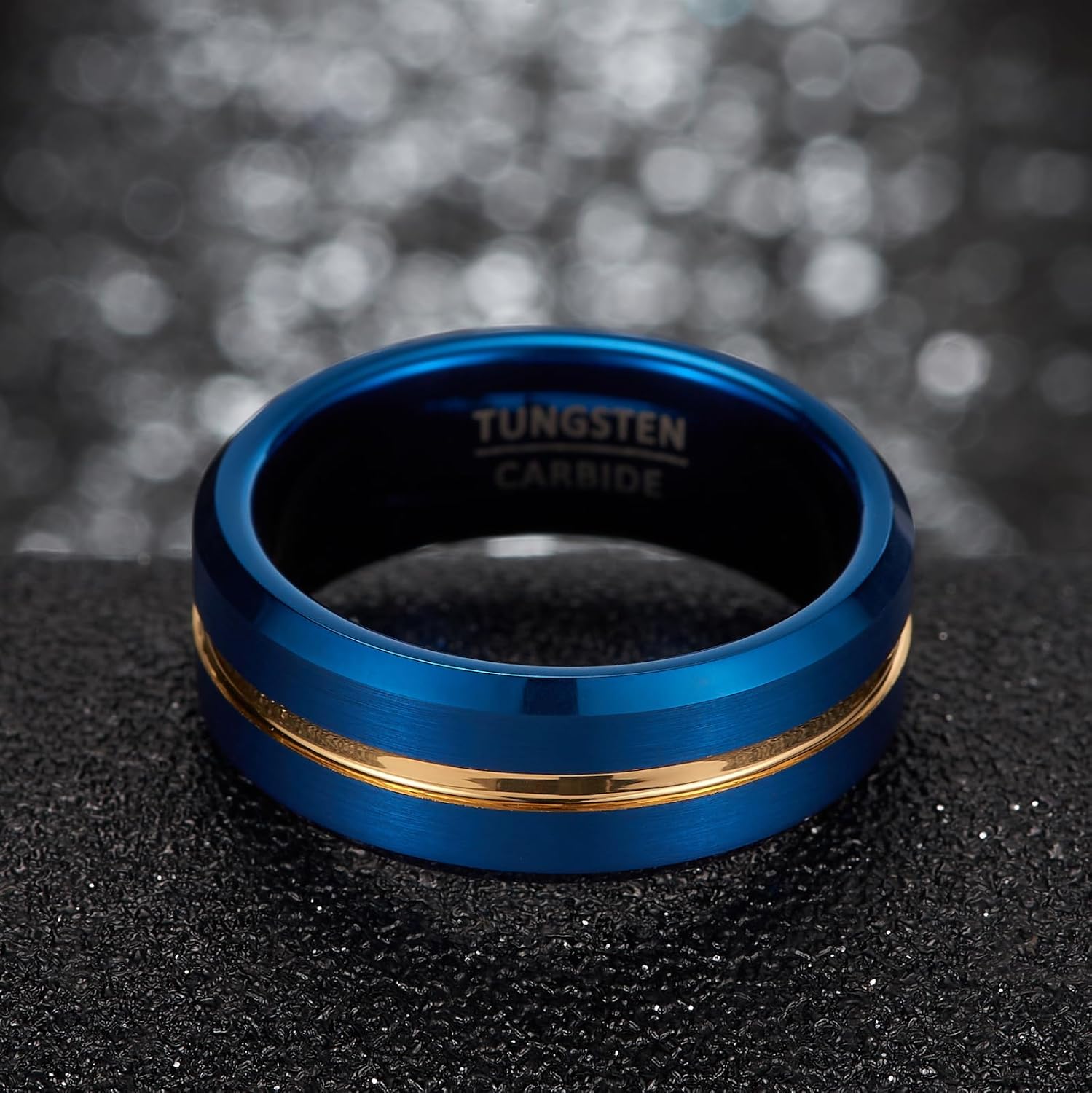 8mm Wide Unisex Tungsten Wedding Band, Accent Channel Design, Beveled Edges