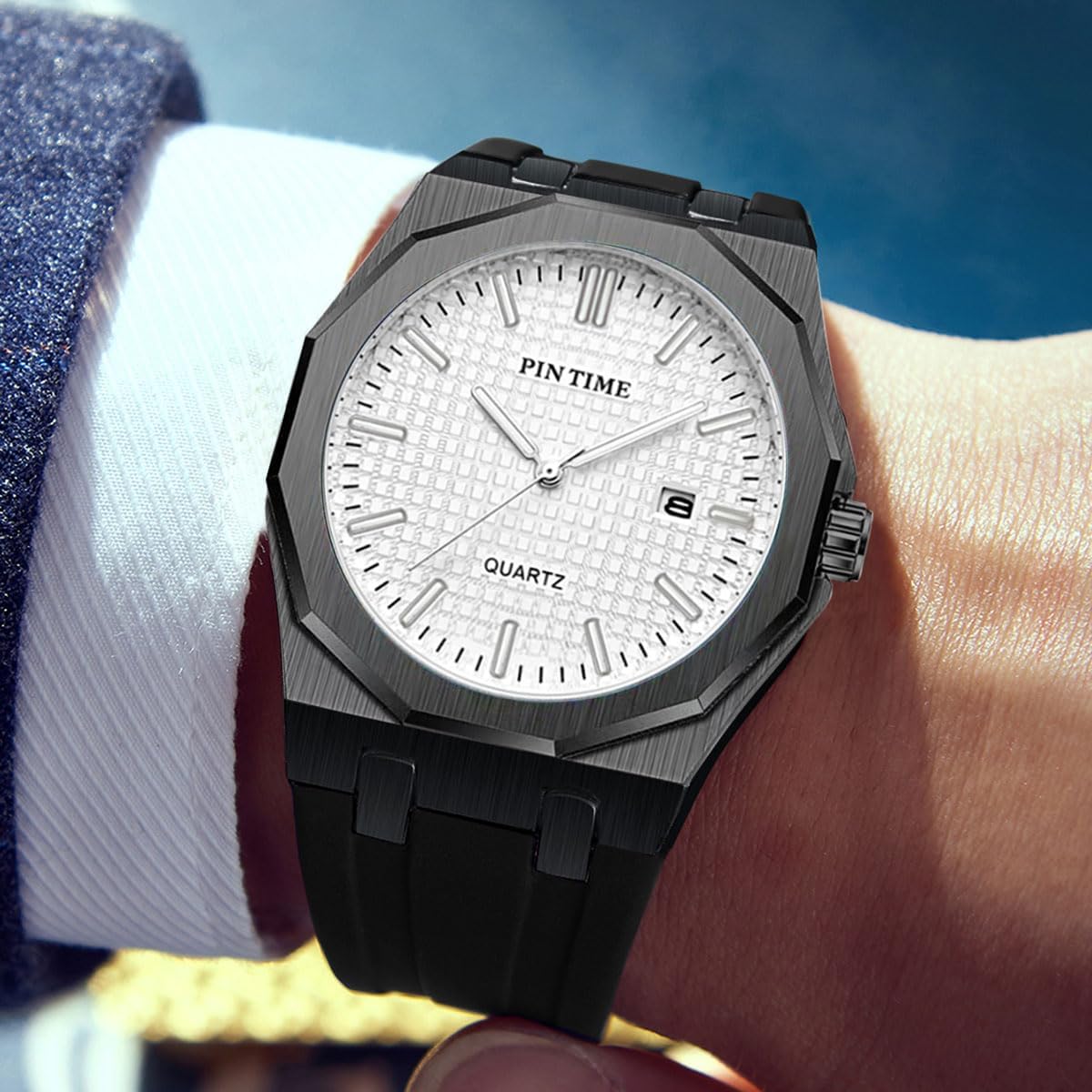 PINTIME Mens Watches Classic Sports Fashion Design Quartz Movement Silicone Strap 30M Waterpoorf Casual Wirstwatch Elegant Watch Gifts for Men