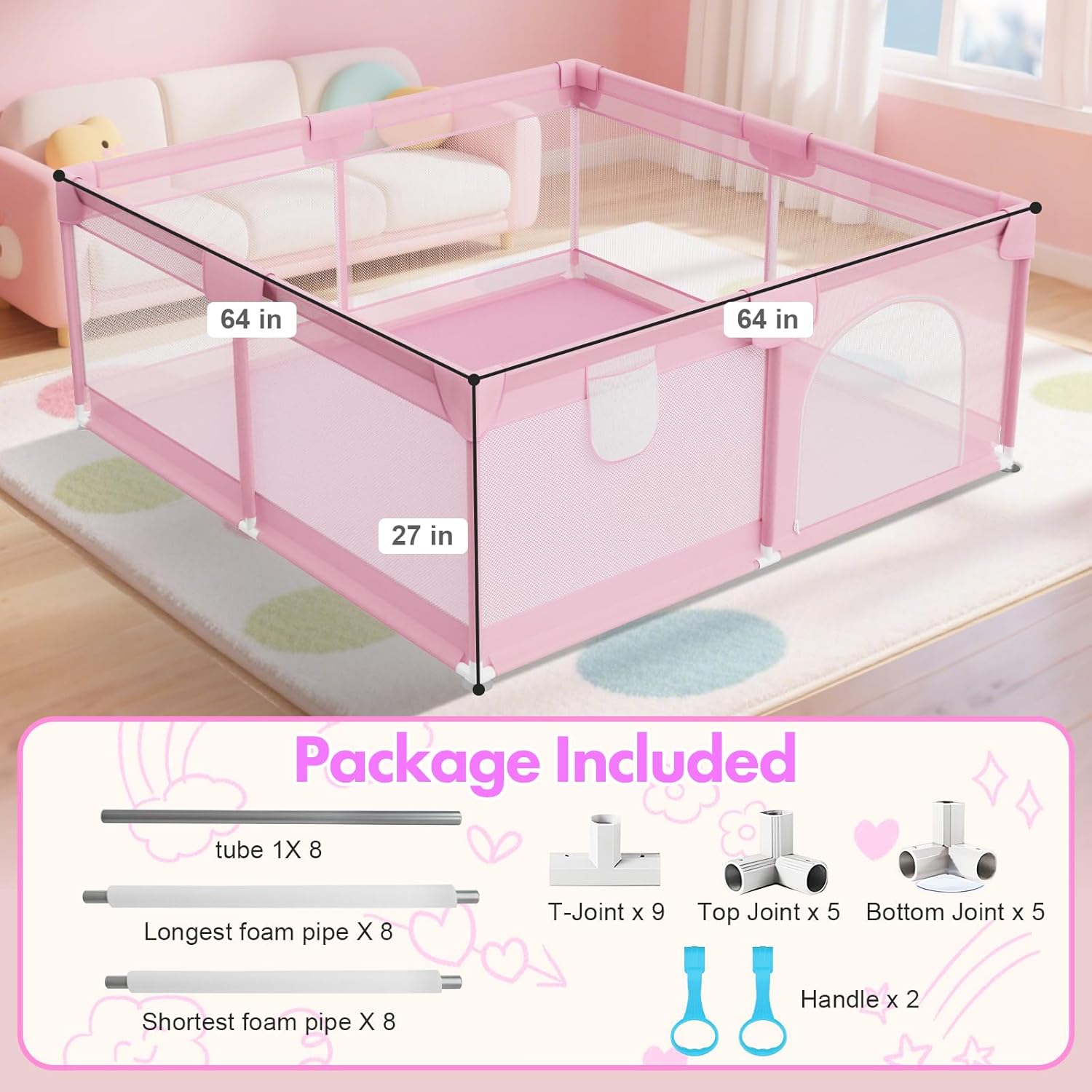 64" X 64" Sturdy Baby Playpen - Large Baby Playpen Playard for Babies and Toddlers with Anti-Slip Suckers - Safety Play Yard with Anti-Collision Cloths Cover Corner,Pink