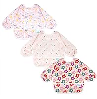 Vista 9 de Juego de baberos de manga larga de 3 piezas, baberos impermeables para bebés con bolsillo, babero para niños pequeños con mangas, bata resistente a