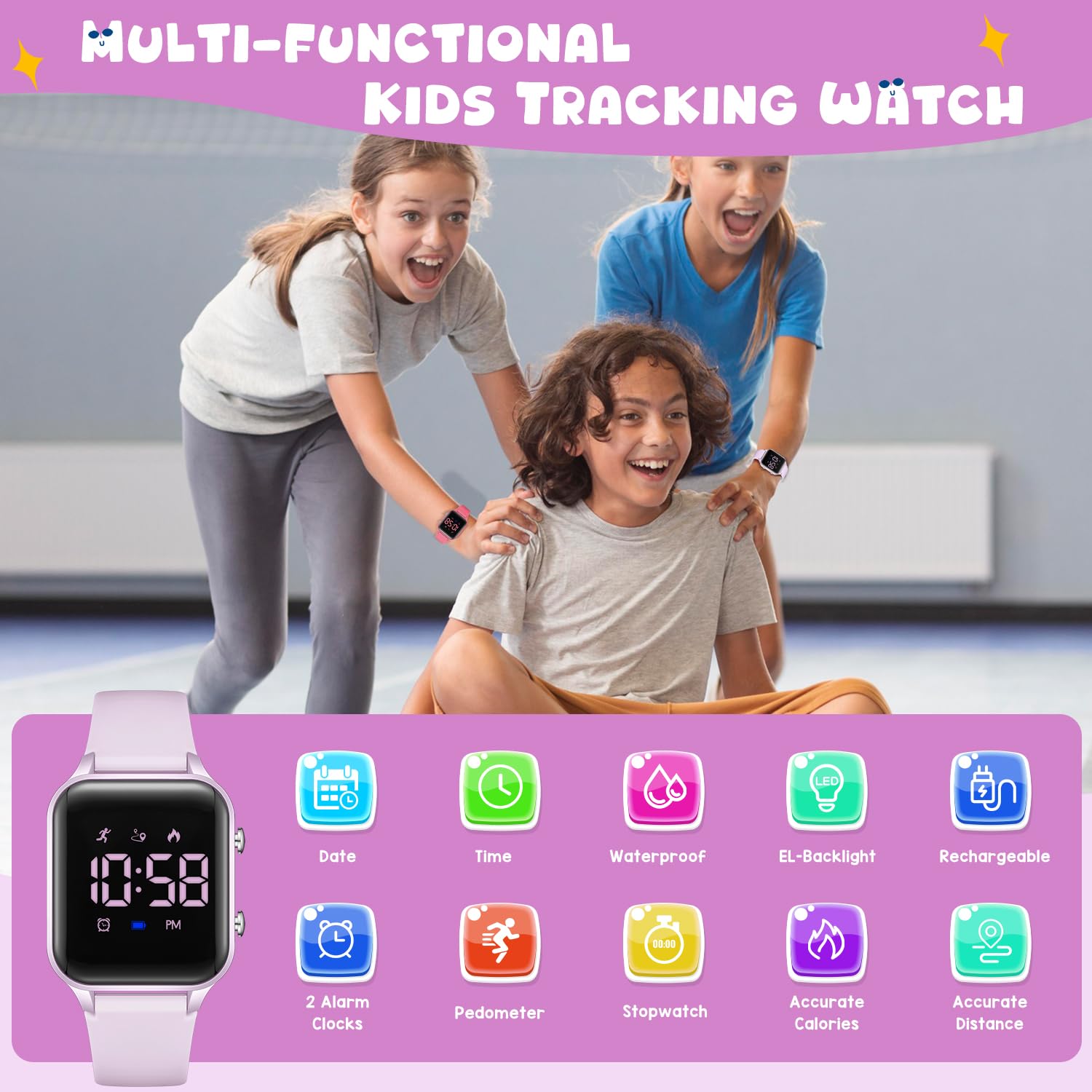 Timever Reloj digital para niños y niñas, color rosa y morado