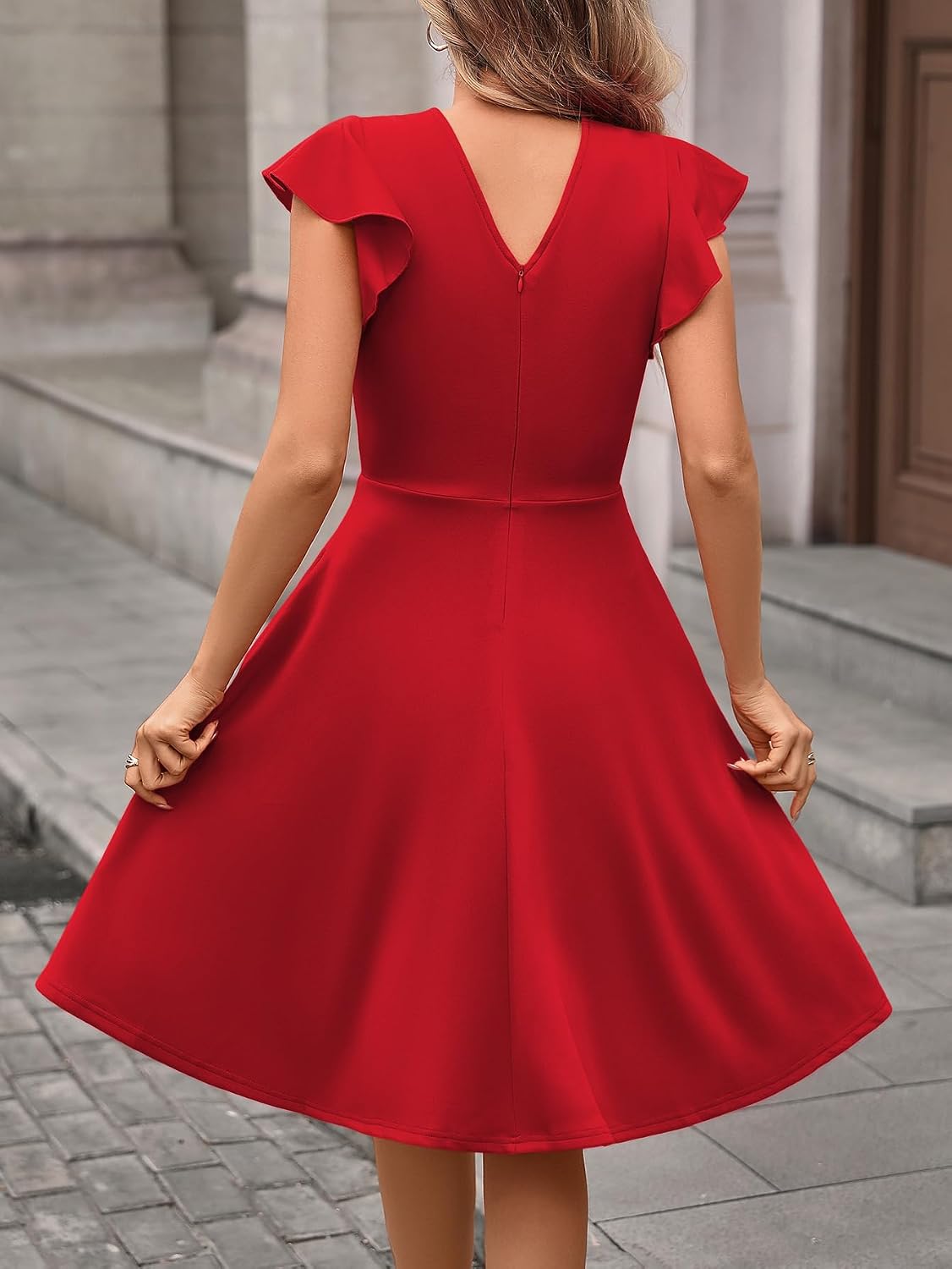 MSLG Women's Fit and Flare Ruffle Short Sleeves Dresses Work V-Back Cocktail Semi Formal A Line Dress with Pockets 842