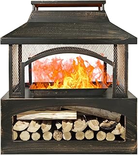 37-Inch Rectangular Metal Outdoor Wood Burning Fireplace - Outdoor Fireplace with Built-in Log Storage and Poker-Brushed Bronze,Log Burner Fire Pit for Patio Garden and Backyard
