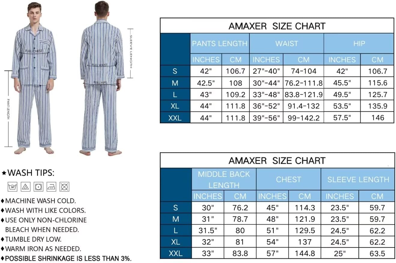 amaxer Mens 100% Cotton Pajamas Set Long Sleeve Pjs Button Fly Pants Soft Elastic Drawstring Waistband Bottoms - Image 4