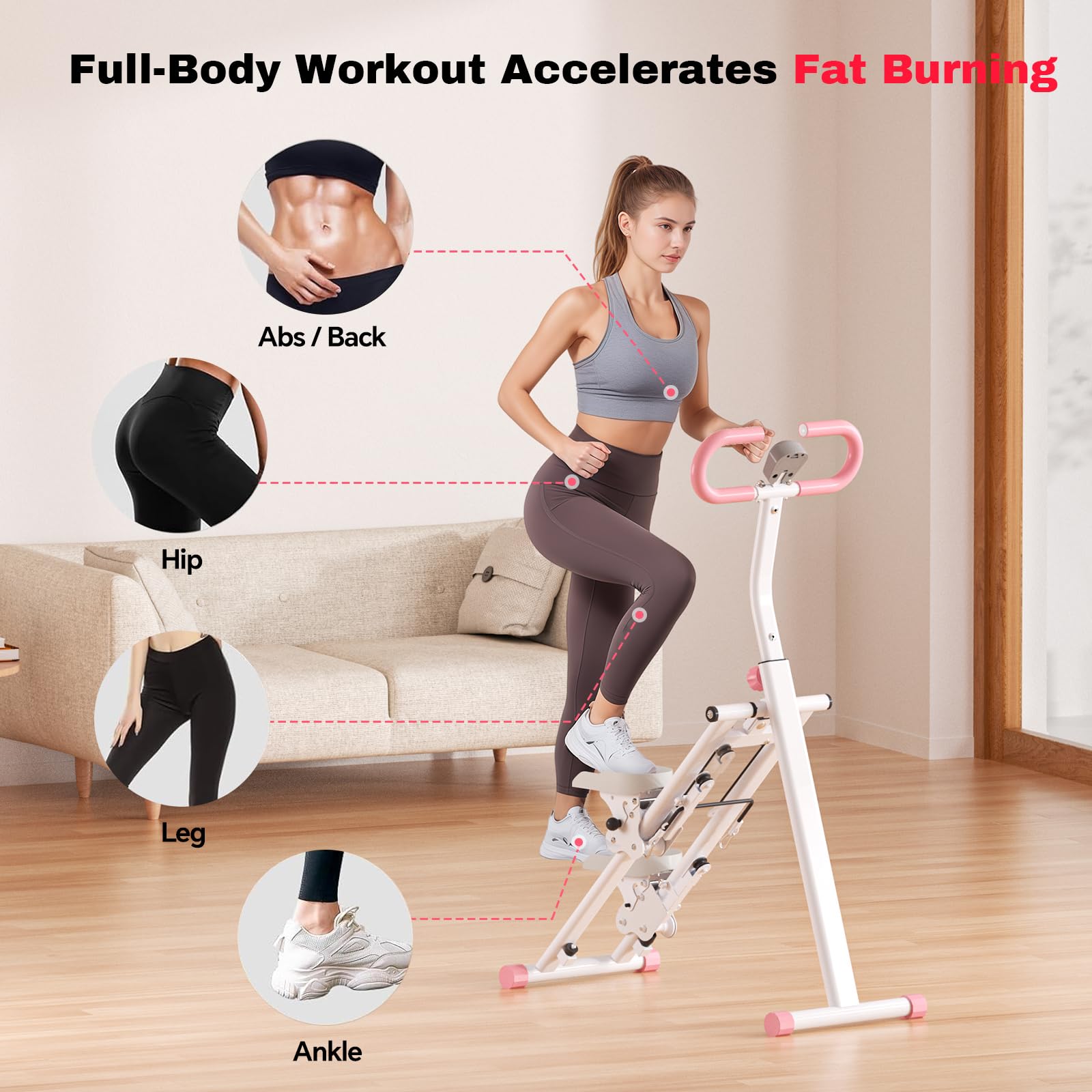 Stair Steppers for Exercise at Home, Folding Vertical Stair Stepper Climber, Full-Body Cardio Machine with Adjustable Handles, Steel Frame & Digital Monitor: Pink 49 IN