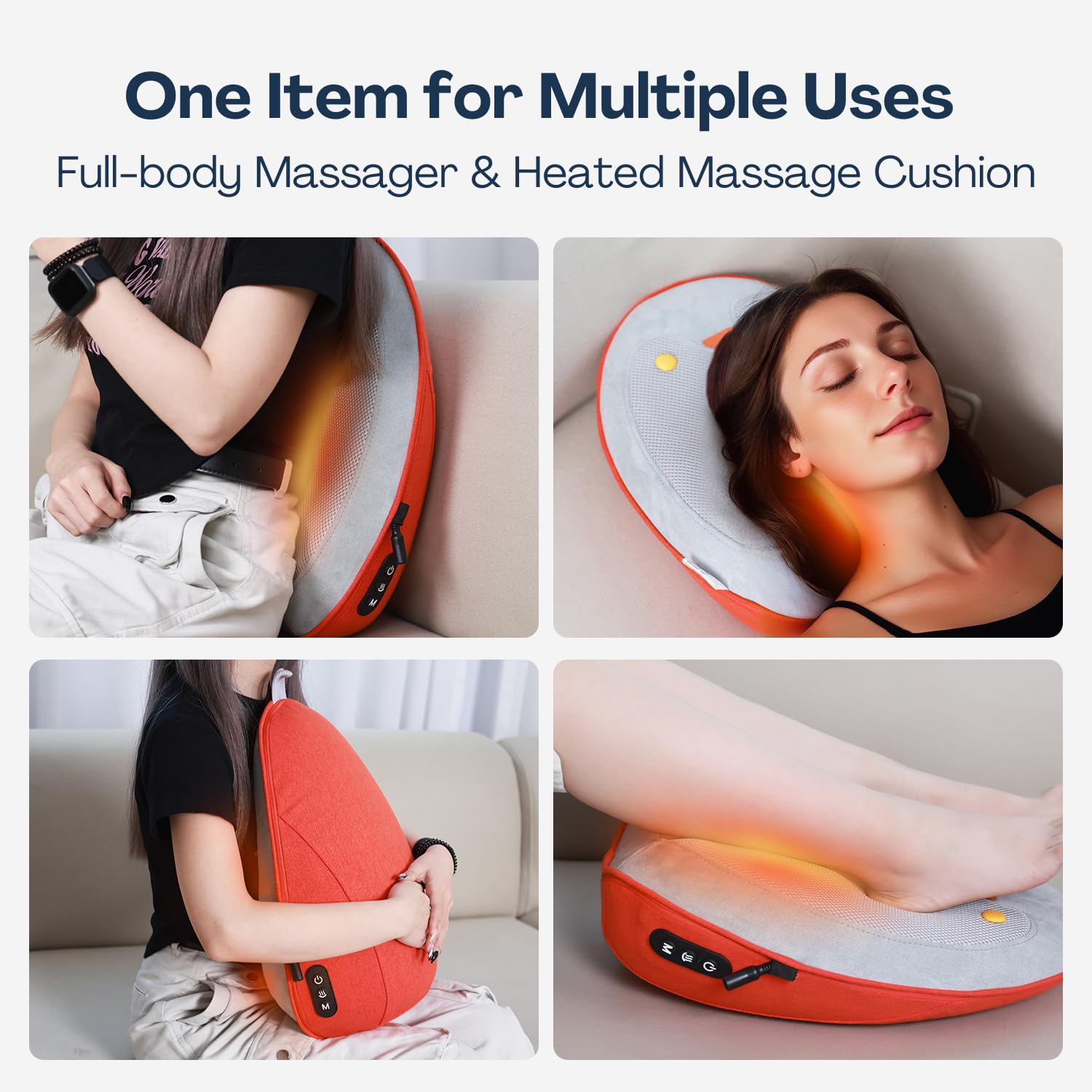 Homesnew Portable Back Massager with Heat, Cordless Shiatsu Massager Cushion Lumbar Support Pillow for Office Chair, Ideal Gifts for Men/Women (Orange/Light Grey)