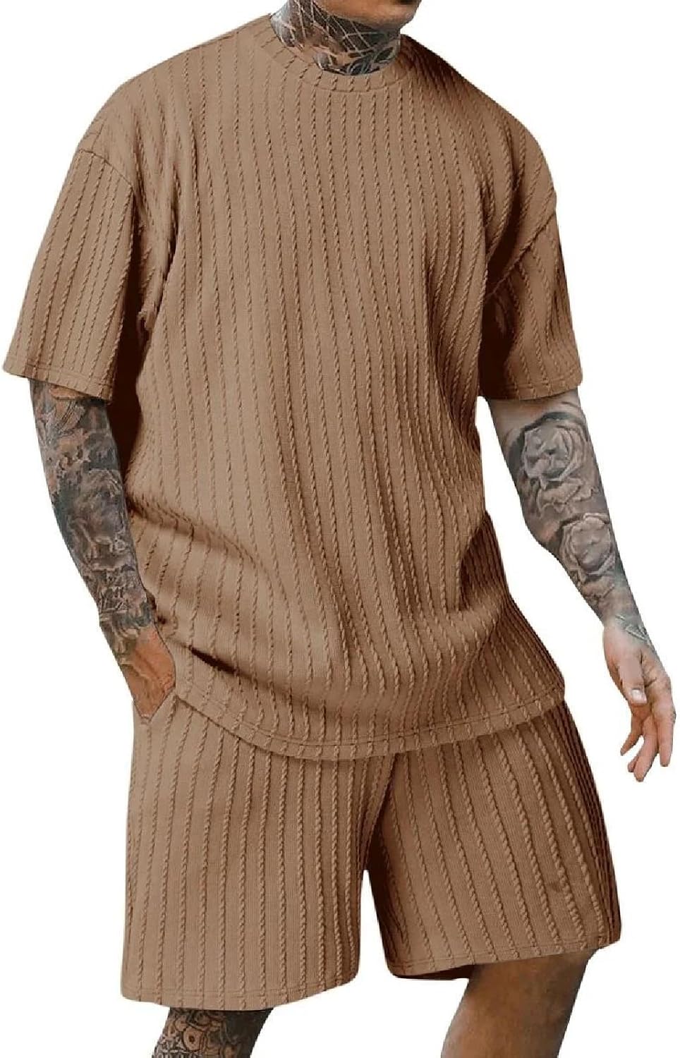 Men's Summer Solid Color Crew Neck T-Shirt And Shorts Casual Loose Fit Lightweight Outfit For Home Beach